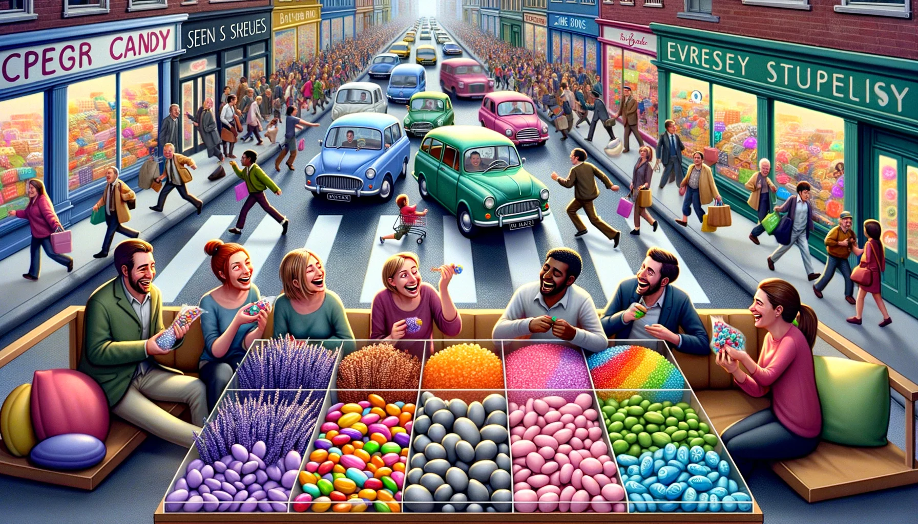 Imagine a humorous and realistic scene depicting the ideal scenario for 'Candy for Reducing Anxiety and Stress'. In the foreground, there's a vibrant candy shop display showing a colourful assortment of this specialty candy. The candies come in all shapes and sizes, each designed to mimic calming items like lavender flowers, zen stones, and cute stress balls. A few customers, made up of a Caucasian male and a South Asian female, are laughing while choosing their candies, nonchalantly ignoring the chaos outside - a comically exaggerated scene of urban hustle with cars honking, people running for buses.