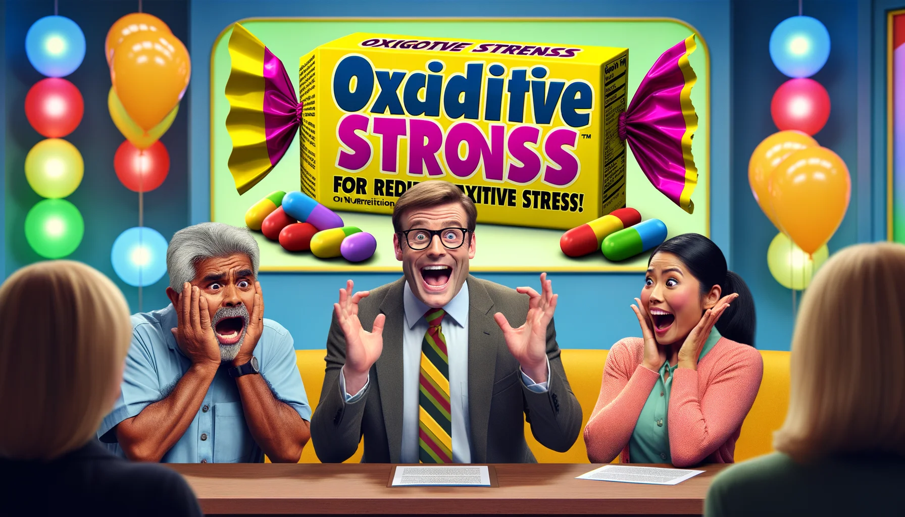 Create a humorous and realistic image of a brightly labelled 'Candy for Reducing Oxidative Stress'. The scene is set in a perfect scenario where a middle-aged Caucasian male nutritionist enthusiastically presents this candy in a colorful TV show set. A visibly surprised middle-aged Hispanic female audience member is about to taste the candy, while a South Asian female co-host is eagerly holding a pack of the candy. The atmosphere is festive, enhanced with oversized cheerful banners reading 'Oxidative Stress Begone!', and the show's logo adding a touch of playfulness in the background.