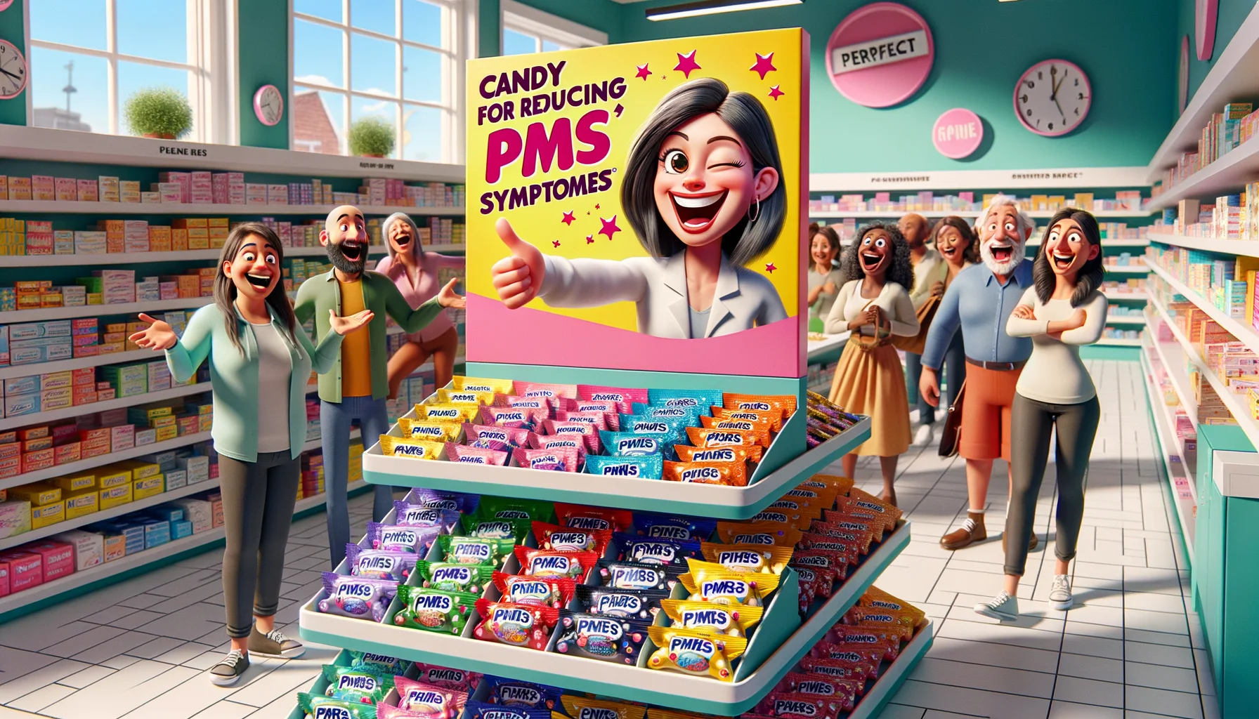 Imagine a humorous yet realistic scene taking place in a brightly lit and cheerful pharmacy. On a prominent display shelf, there's a beautifully packaged product: 'Candy for Reducing PMS Symptoms'. This extraordinary candy is multi-colored, shiny, and comes in various shapes and flavors. The product has a playful logo with a cheerful female cartoon character winking and giving a thumbs-up. The backdrop is a perfect scenario where we see customers, a mix of both men and women of varying descents including Caucasian, Hispanic, and Black individuals, laughing and pointing at the product with amused expressions. The atmosphere is light-hearted and full of delight.