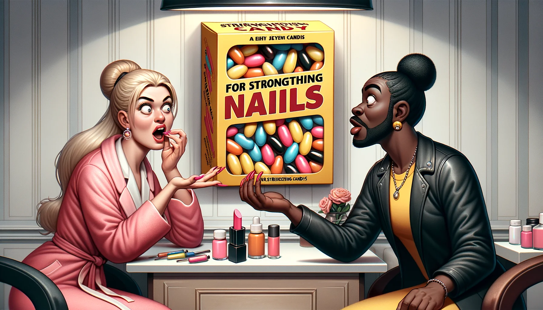 Illustrate a humorous, yet highly realistic scene at an upscale beauty salon. On the shelf prominently, there is a brightly colored, eye-catching box marked 'Candy for Strengthening Nails'. There are three people in the scene: an astonished Caucasian female manicurist, a curious South Asian male customer glancing at the box, and a Black female customer with an amused look, holding one of the candies between her fingers, gesturing as if she’s about to eat it.