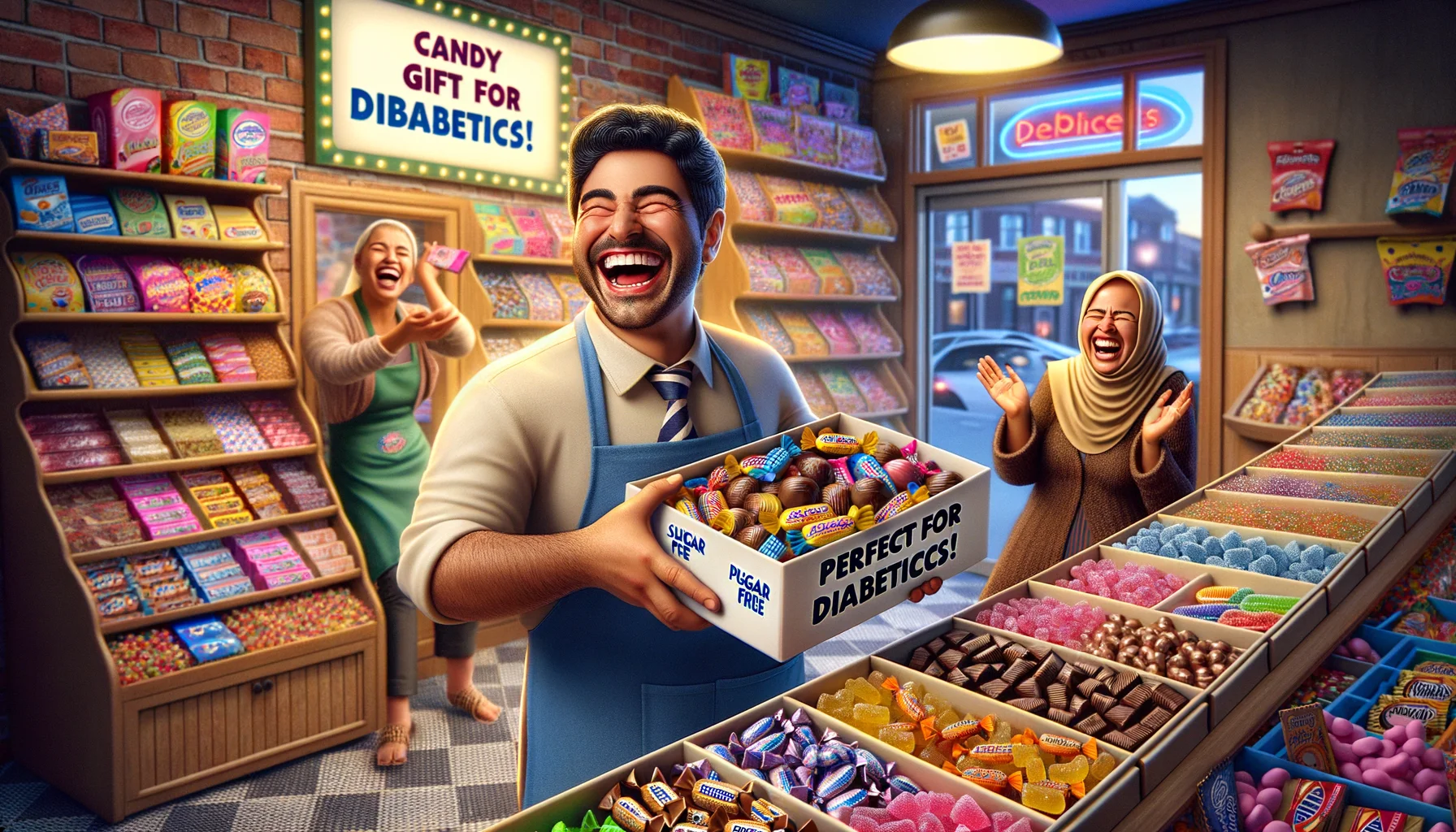 An amusing and realistic image that cleverly showcases 'Candy Gift Ideas for Diabetics'. Imagine this scene: a brightly lit and colorful candy store with shelves full of various sugar-free candies in all shapes and sizes. A Hispanic male shopkeeper with a warm smile presents a box of sugar-free chocolates with a tag reading 'Perfect for Diabetics!'. Nearby, a Middle-Eastern woman laughing out loud holds a packet full of sugar-free gummy bears. The scene creates humor through the sheer irony while also remaining sensitive to the health needs of diabetics.