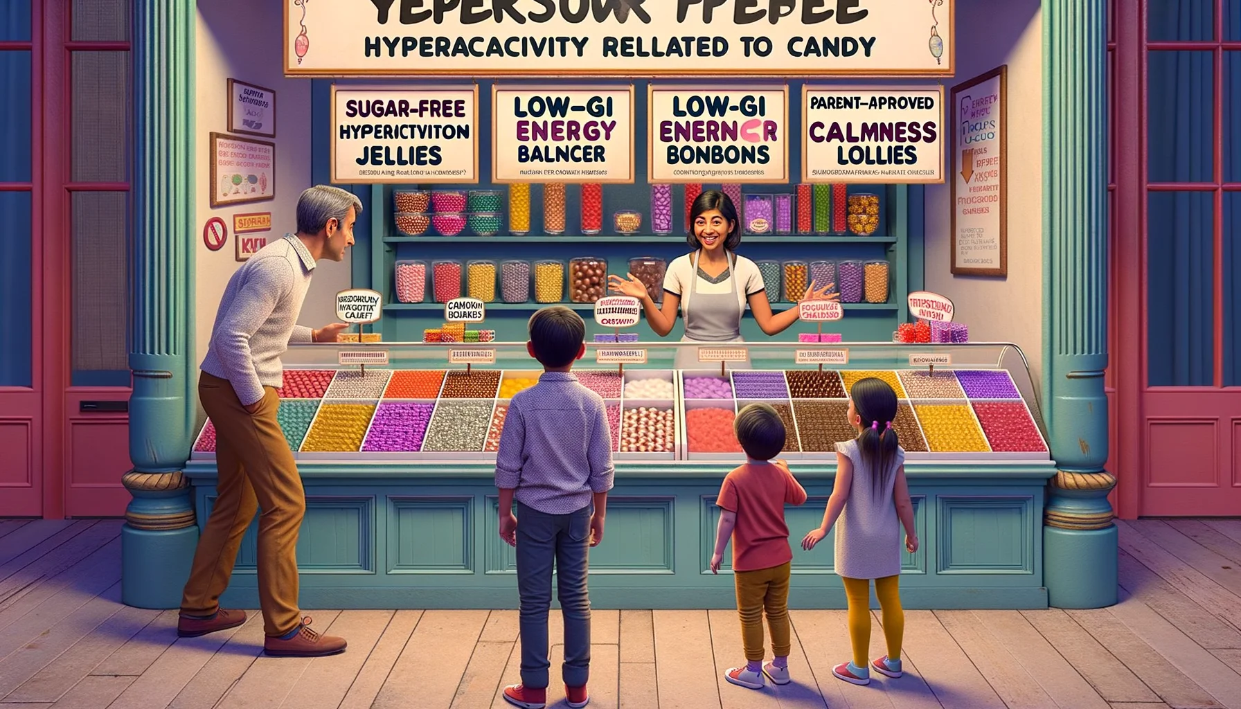 Imagine a humorous yet realistic image which stands as a commentary on hyperactivity concerns related to candy consumption. The setting is a sweet shop, with various displays of specialized sweets labeled with amusing, quasi-medical terminology like 'Sugar-Free Hyperactivity-inhibitor Jellies', 'Low-GI Energy Balancer Bonbons', and 'Parent-Approved Calmness Lollies'. The shopkeeper, a South Asian woman, is explaining the benefits of these candies to a Hispanic father, who seems overwhelmed but amused. His three children of various genders and Caucasian descent are seen pointing at and ooh-ing over the different displays, their excitement masterfully held in check.