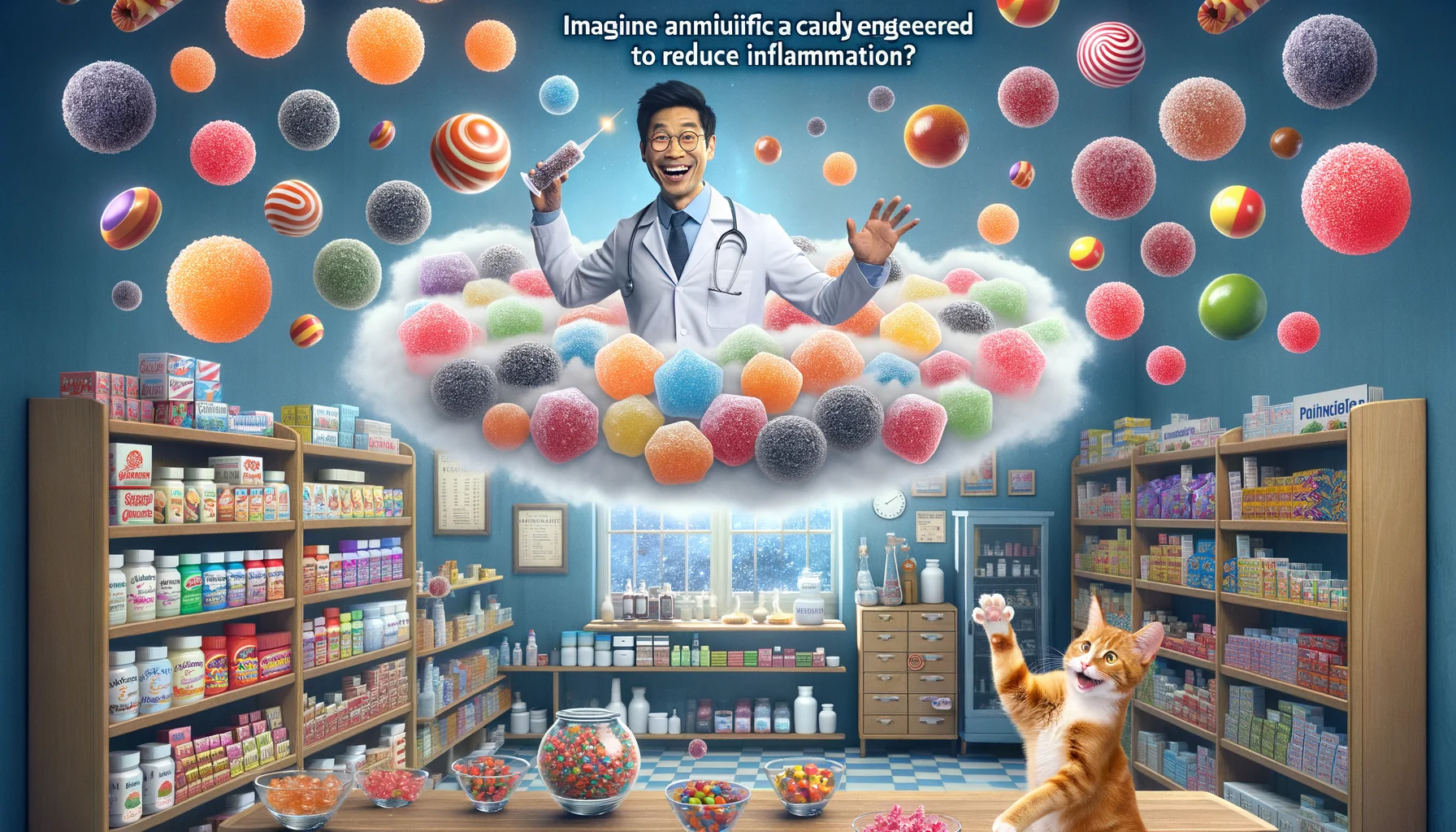 Imagine an amusing yet realistic situation displaying various candies engineered to reduce inflammation. Picture this perfect scenario: a cheerful South Asian man, a sophisticated pharmacist, floats in a candy cloud above his pharmacy. The cloud carries an assortment of colorful, delicious-looking candies all labeled with their anti-inflammatory properties. Add a touch of whimsy by having a goofy cute ginger cat attempting to jump up from the countertop to snatch a candy. The whole scenario is radiating happiness and health, creating a positive vibe about the effectiveness of these inflammation-reducing candies.