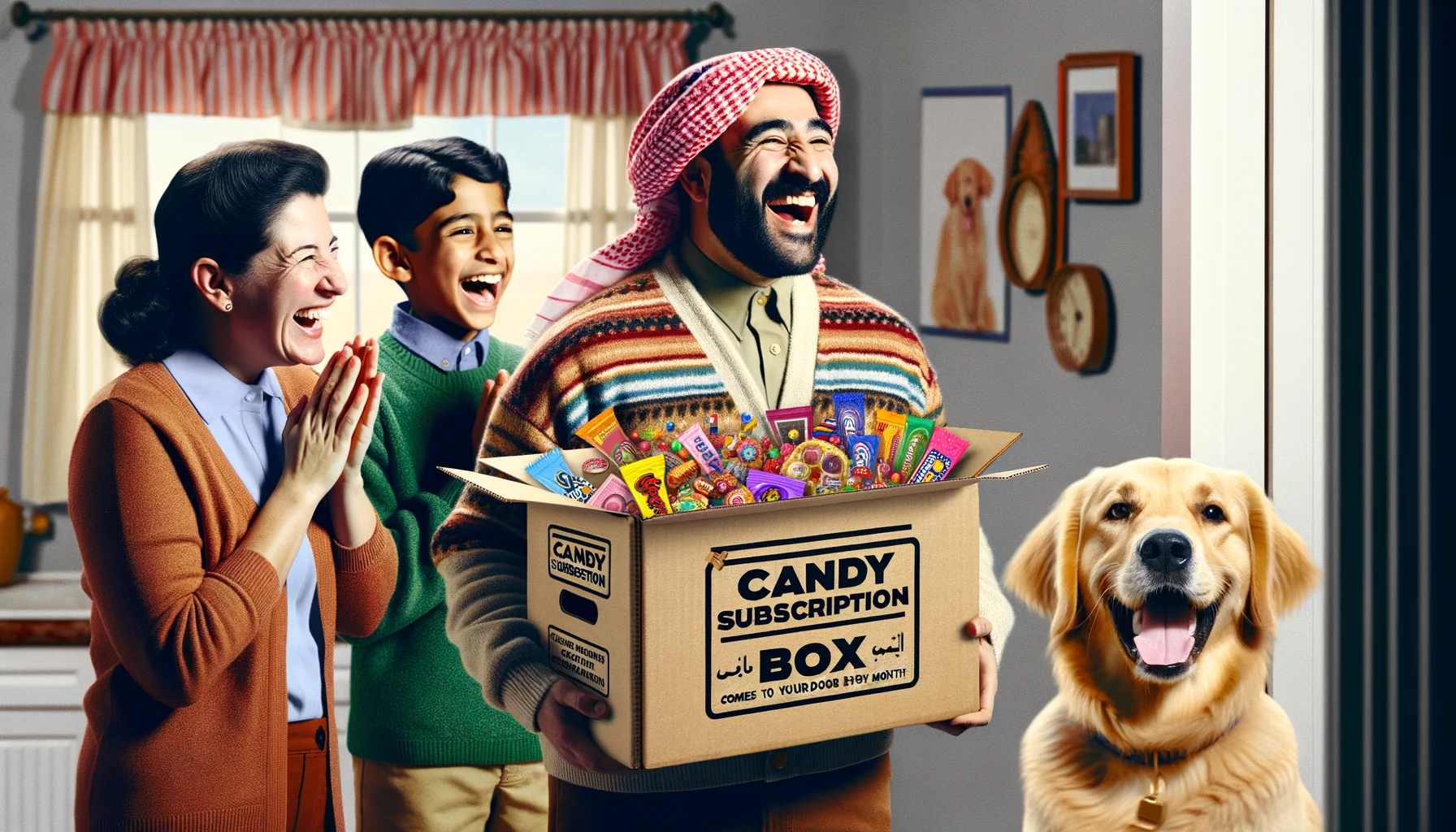 Imagine an amusing yet utterly realistic scenario depicting a 'Candy Subscription Box'. This candy-filled box comes to your door every month, packed to the brim with colorful candy from all around the world. Picture a scene where a family, featuring a Middle-Eastern father, Caucasian mother, and their Hispanic son eagerly waiting by their front door, expressions of anticipation and curiosity on their faces. Just then, their adorable Golden Retriever pet dog comes in, a box held carefully in its mouth. The printed label on it reads 'Candy Subscription Box', indicating their eagerly anticipated delivery. Their joyous laughter fills the air as they revel at the sight of their sweet monthly wonder.
