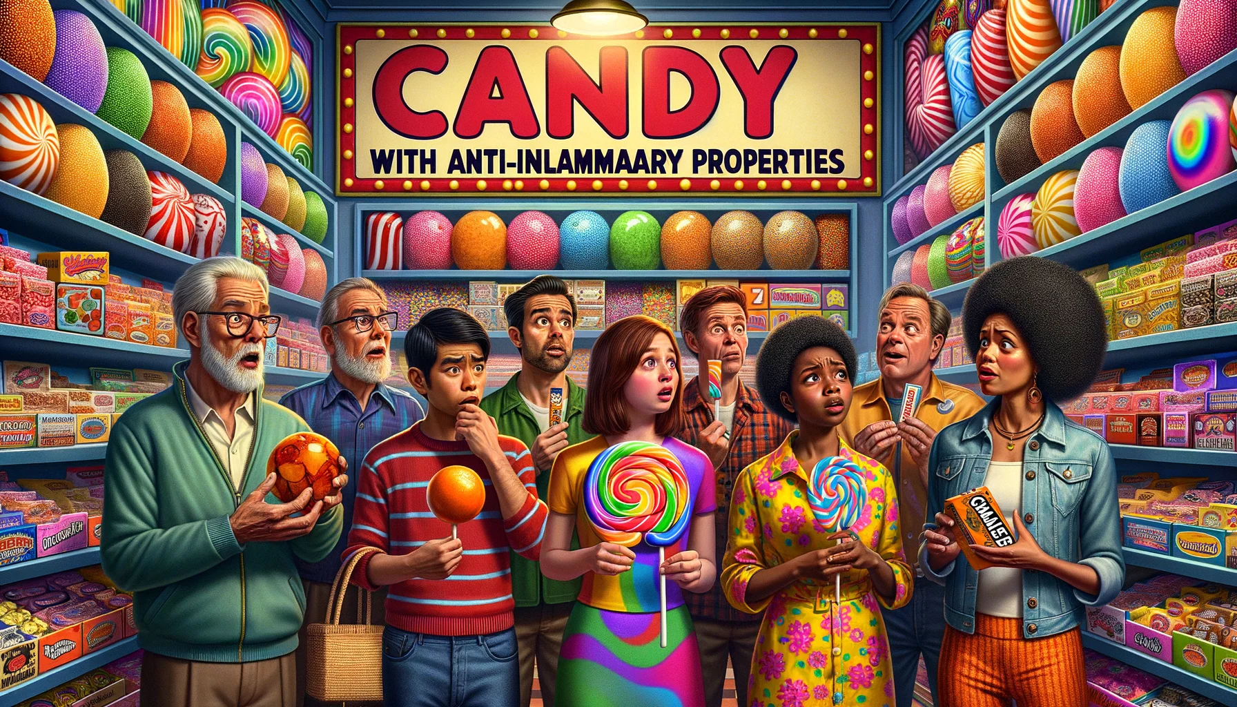 Imagine a humorous real-life situation: a crowded candy store with a large, colorful sign boasting 'Candy with Anti-Inflammatory Properties.' Its shelves are adorned with eccentric, radiant sweet treats of various shapes and sizes. A mixed-age group of intrigued customers - a middle-aged Caucasian man with a puzzled expression, a young Hispanic woman in vibrant attire curiously examining a lollipop, a Black teenager with a surprised look holding a pack of gumdrops, a South Asian lady with a bemused smile holding a box of chocolates. Each person reflecting the quirkiness of this concept.