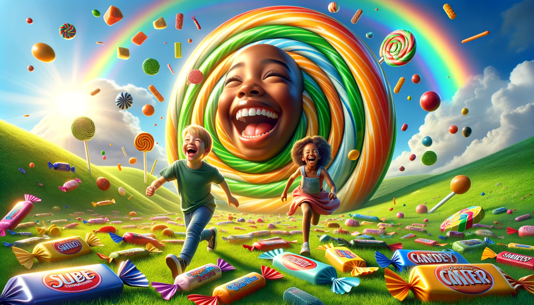 Create a vibrant, highly detailed and amusing image that depicts a perfect scenario for showcasing 'Candy with Natural Sweeteners'. Visualise a setting where the sun is shining, a beautiful rainbow arcs across a clear blue sky and life-size versions of various candy pieces with natural sweeteners are scattered across a lush, green meadow. In the foreground, two radiant children of Hispanic and Black descent, a boy and a girl respectively, are joyfully running towards a gigantic piece of candy, their laughter echoing across the field. Their faces light up with anticipation, perfectly demonstrating the utter joy that such candies can bring.