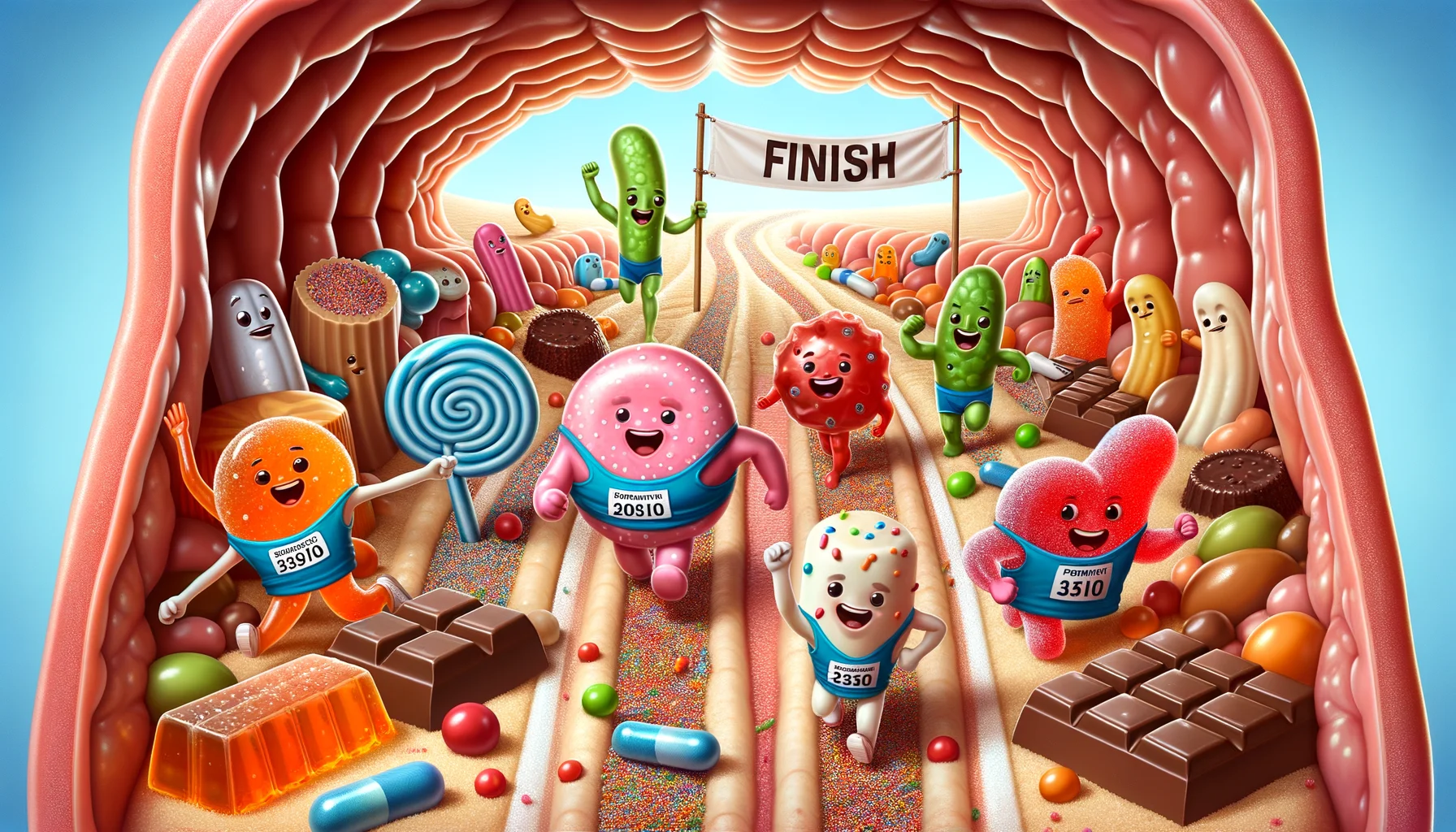 Create a humorous and realistic scene where different types of candy, like lollipops, gummy bears, and chocolates, appear to be participating in a marathon inside a cartoonish depiction of a human stomach. The candies are wearing sports gear demonstrating their active efforts. They show delight on their faces since they are probiotic candies promoting gut health. The gut landscape is portrayed as a friendly, welcoming place with small healthy bacteria cheering on the sides. An improvised finish line is held up by two friendly microorganisms, showing the enjoyably active state these probiotics bring to the gut.