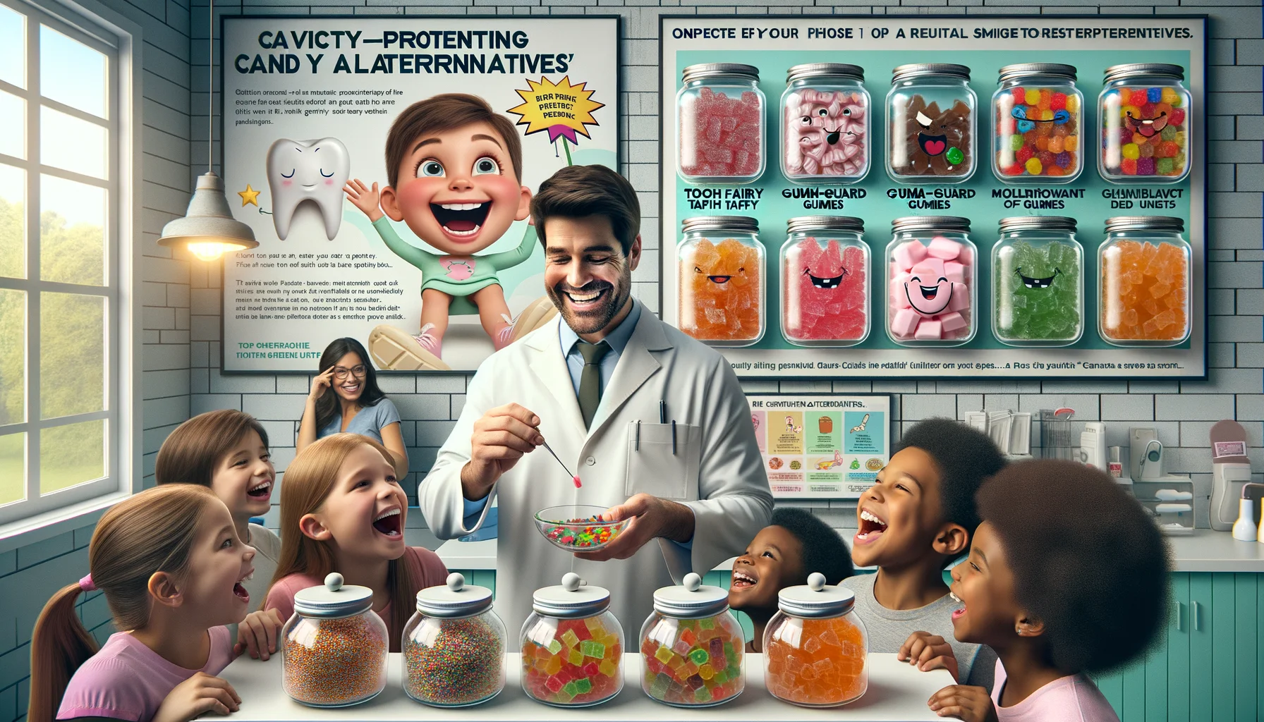 Create an amusing image that realistically depicts the ideal scenario for cavity-preventing candy alternatives. Imagine a dentist's office with a smiling dentist endorsing a range of colorful, attractive candies displayed in glass jars, each labeled with amusing names like 'Tooth Fairy Taffy', 'Gum-guard Gummies', and 'Molar Mints'. A group of children, ethnically diverse, are eagerly trying the candies with joyful expressions. Also, incorporate a funny yet informative poster on the wall explaining the benefits of these alternatives compared to regular sweets. The mood should be positive and light-hearted.