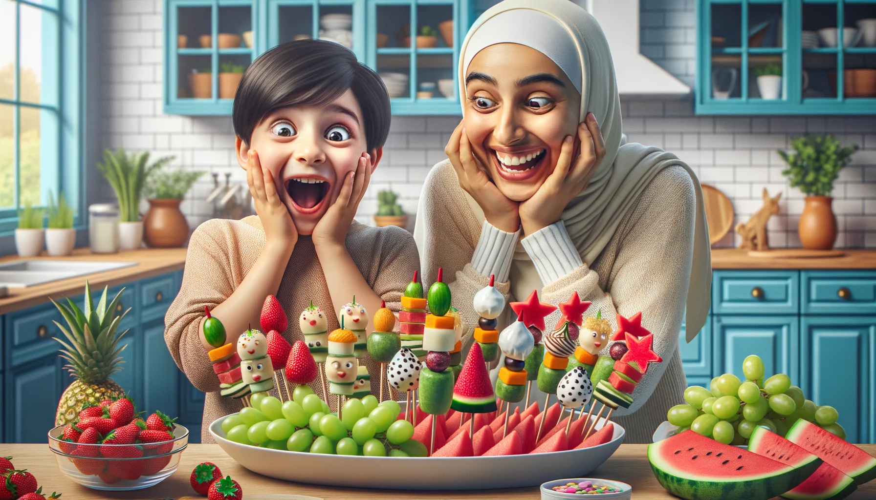 Depict a humorous, realistic scene in a vibrant, inviting kitchen, where two joyful children, one South Asian girl and one Caucasian boy, exhibiting wide-eyed amazement at the sight of a variety of 'child-friendly healthy candy alternatives.' The assortment should include fun-shaped fruits like watermelon stars, grape kabobs, banana lolli-pops with yogurt and sprinkles, and creative vegetable creations mimicking the look of traditional candies. Around them, their Middle-Eastern mother warmly chuckles at their reactions. The atmosphere should ooze excitement, surprise, and healthy indulgence.