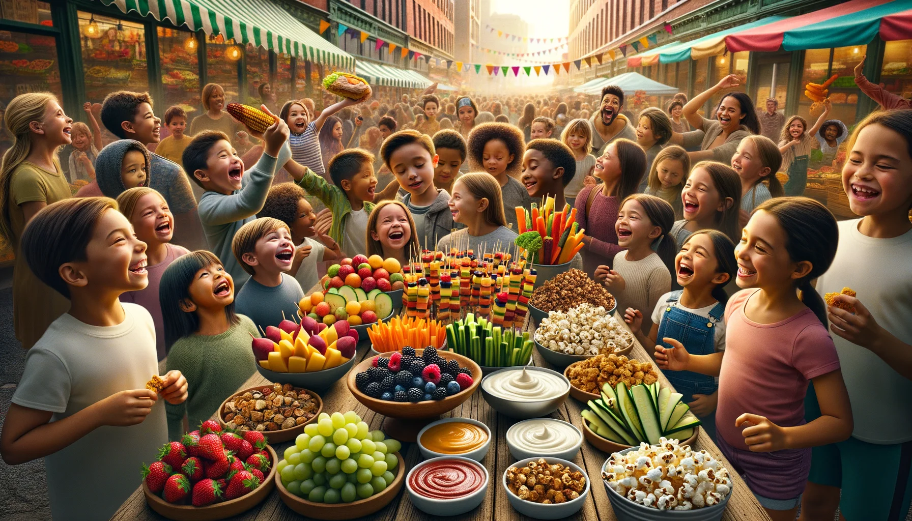 Envision a bustling farmers market scene teeming with colorful and appetizing low-sugar snack options suitable for children. Picture a spectrum of scrumptious treats like vibrant, fresh fruit skewers, crunchy vegetable sticks with spicy hummus dip, fluffy whole grain pop-corns garnished with a light dusting of sea salt, and nutty, satiating trail mix. The scene is filled with children of various descents - Caucasian, Hispanic, Black, Middle-Eastern, South Asian, showing delighted expressions as they explore these wholesome options. Packed with delight, vibrancy, and realism. The scene is intended to be heartwarming, funny with children playfully trying to reach for the snacks.