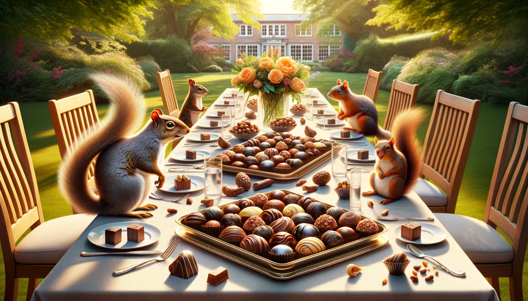 Generate a humorous, high-resolution image that gives the impression of being taken with a superior DSLR camera. It should depict an array of fancy chocolates in an idyllic scene. The chocolates should be meticulously detailed, with a shine indicating their rich smoothness, arranged interestingly. The setting could be a luxurious dining table set outdoors on a bright sunny day. A backdrop of lush greenery adding freshness to the indulgence. Unexpected guests, like a squirrel and a bird, eyeing the chocolates with evident curiosity, add a humorous touch to the scenario.