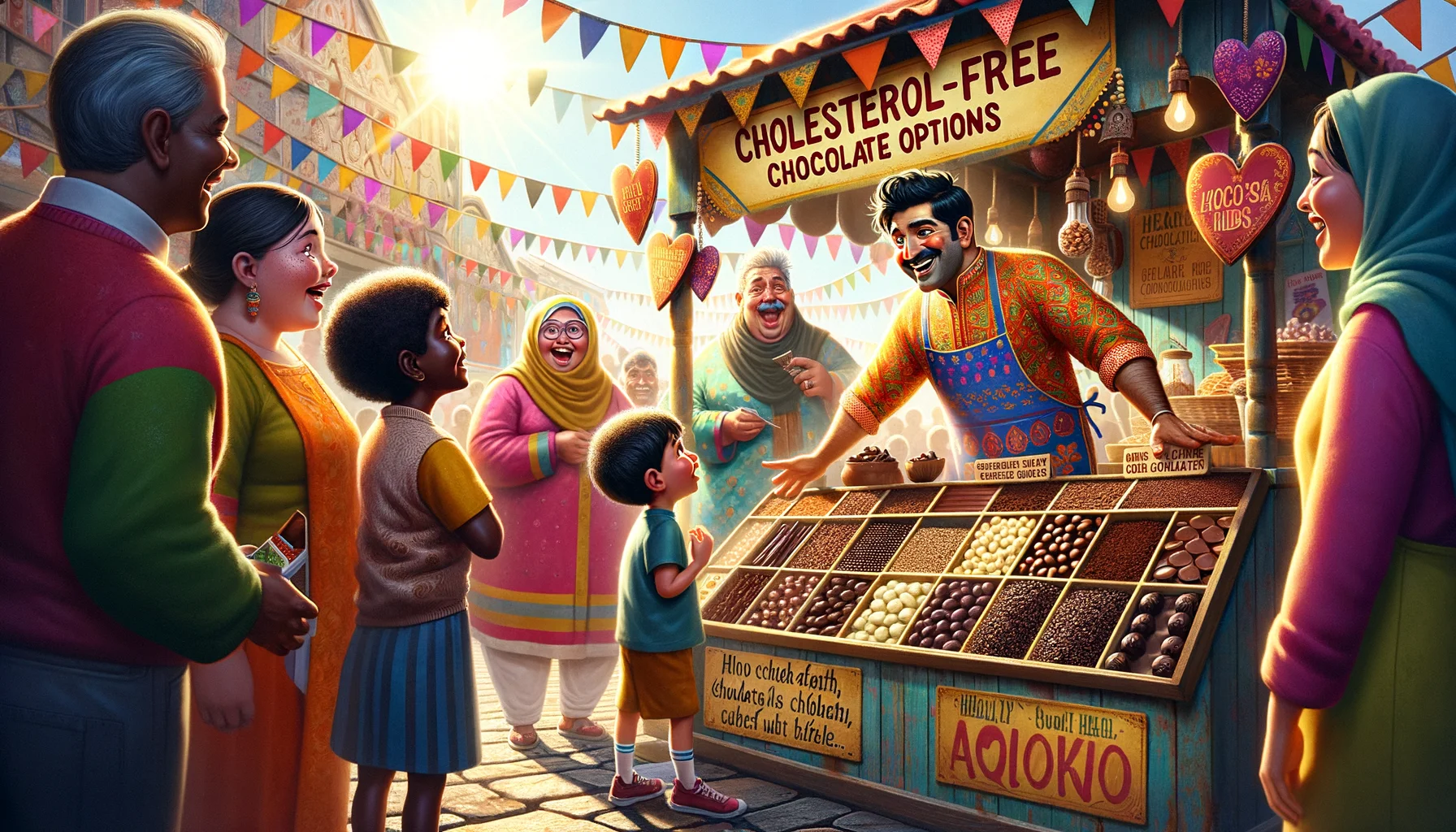Let's imagine a whimsical scene located at a vibrant market street. Vendors are luring customers with exciting shouts. One stall stands out, featuring the words 'Cholesterol-Free Chocolate Options'. This stall is run by a joyous, South Asian man wearing a vibrant apron. He slyly shuffles a variety of dark chocolates, cocoa nibs, and healthy nut-based chocolates through his hands. A curious pair of children - a Caucasian girl and a Hispanic boy, stare at the display, eyes wide and mouths agape. Behind them, a white woman and a black man chuckled, amused at the children's reactions. The bright sun above casts warm light across the scene.