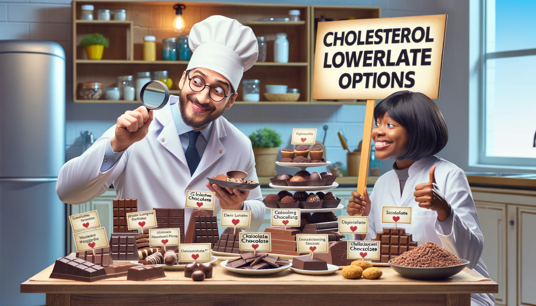Imagine a humorous and realistic scenario centering on 'Cholesterol-Lowering Chocolate Options'. The image includes a collection of various types of chocolate bars and treats labelled with banners that reflects their heart-healthy properties. On one side, a white male nutritionist with a bemused expression is examining the chocolate through a magnifying glass. On the other side, a Black female cardiologist, smiling, is giving a thumbs up. The setting is a brightly lit, modern kitchen, filled with various health-conscious paraphernalia. Both persons are dressed in their professional attire to add a touch of authenticity to this perfect scenario.