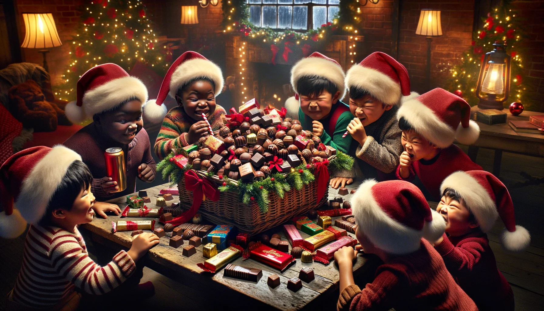 Envision a humorous, real-life setting that embodies the spirit of Christmas. In the center of this scenario, you will find an assortment of festive chocolate gift baskets, overflowing with a variety of chocolates. These baskets are adorned with red and green ribbons, sitting on a rustic table covered with Christmas decorations. The humor comes from a group of Black and Asian children, both boys and girls, dressed in Santa hats, attempting to sneak a chocolate from the basket without being caught, their faces filled with anticipation and mischief. Lights twinkle around the room, casting a warm and inviting glow.
