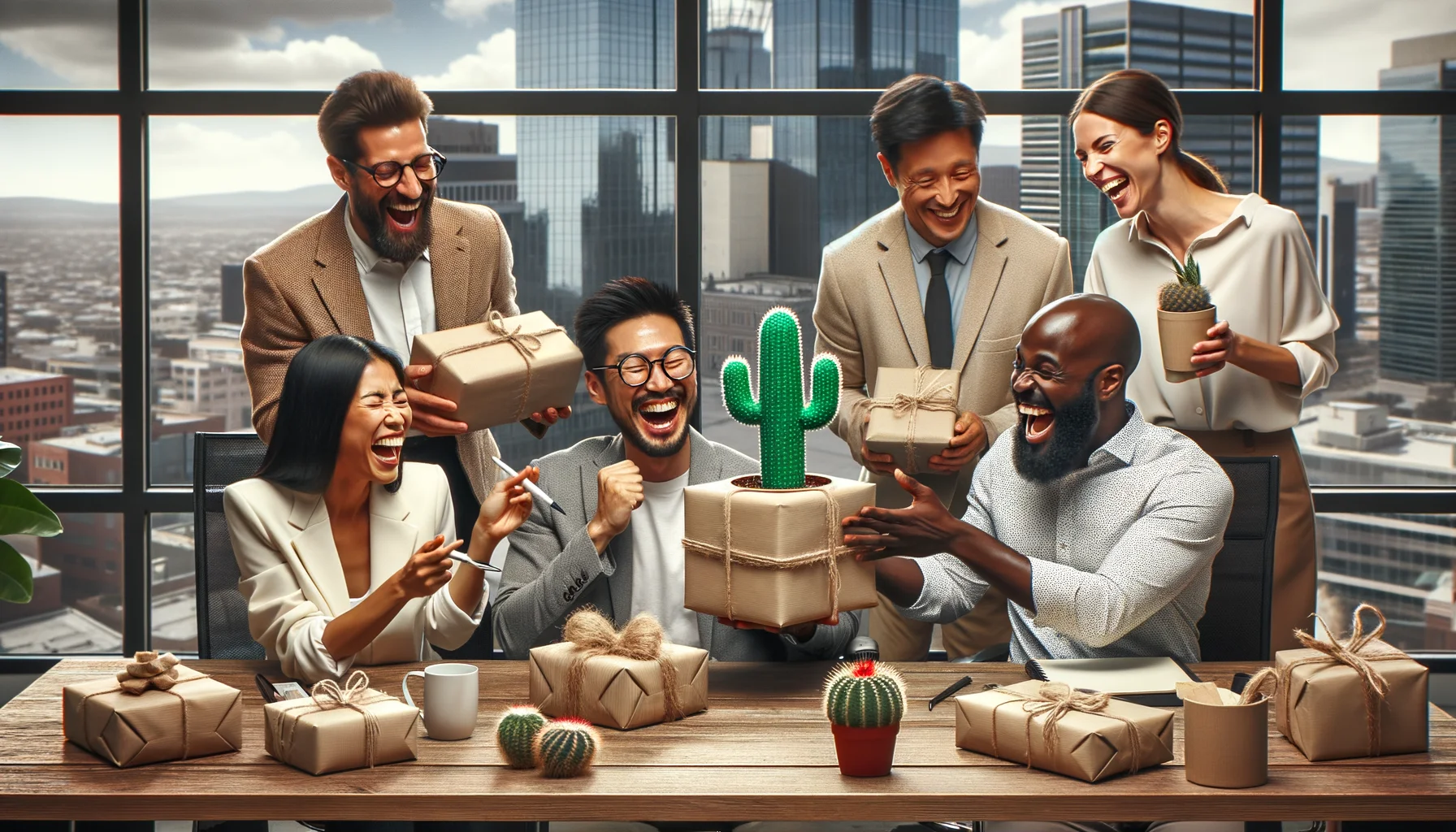 Create a humorously realistic image showing the perfect corporate gifting scenario. Picture this, there are five colleagues from different descents - a South Asian woman, a Hispanic man, a Middle-Eastern woman, a Caucasian man, and a Black man - laughing as they exchange creatively wrapped gifts. The setting is a modern, well-lit office with large glass windows showing a cityscape in the background. They're all wearing semi-professional attire. The gifts are wildly diverse - from a potted cactus to a novelty-sized coffee mug. Capture the joy, surprises, and the vibe of camaraderie in the tableau.
