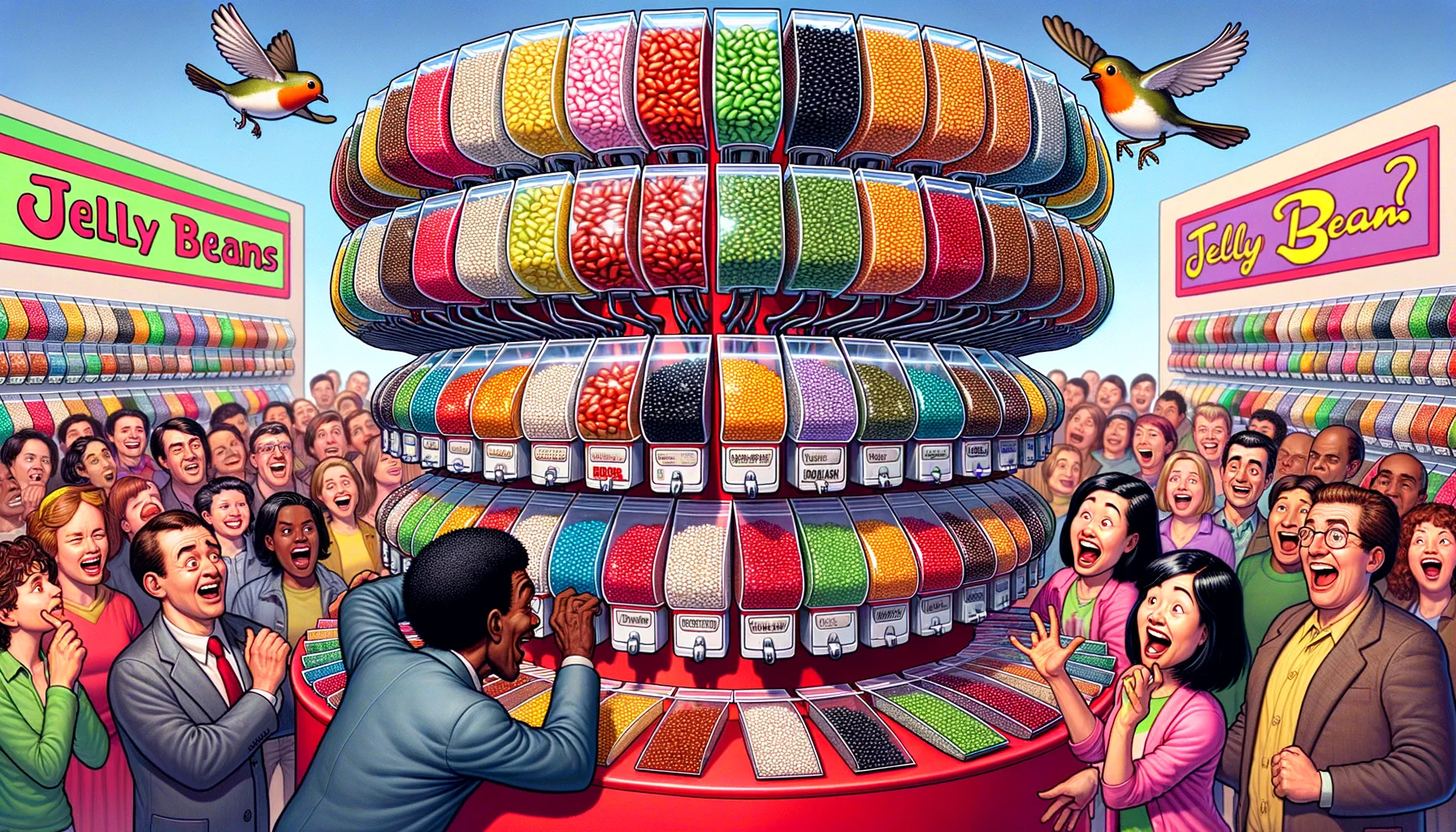 Imagine a humorous, attention-grabbing scene featuring Customizable Jelly Bean Variety Packs. Picture this: a brightly decorated candy store is in the background. In the foreground, a multitude of vibrant jelly beans in all colors of the rainbow, packed in clear pouches grouped by flavor. Some packs are hanging from a comically oversized tree-like stand, while others are presented on a whimsical conveyer belt operated by robins. A bewildered customer, an African-American man, is trying to choose from the unlimited options, while an East Asian female employee adds more bags to the tree with a candy cane-shaped hook, both laughing at the absurdity of the jelly bean abundance.