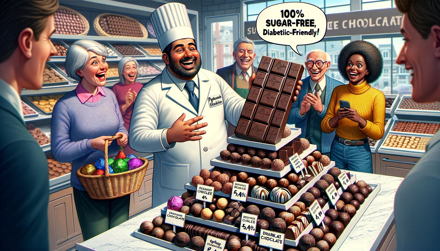 Imagine a humorous and realistic scenario enfolding in a bakery known for its diabetic-friendly chocolates. The central image is a pyramid display of assorted sugar-free chocolate treats - from pralines, truffles, and chocolate-covered nuts to dark chocolate bars. A friendly Baker, a Middle-Eastern man wearing his classic white uniform, is enthusiastically showing off a jumbo dark chocolate bar labeled '100% sugar-free, diabetic-friendly!' to a surprised customer, a Caucasian woman. She is holding a small shopping basket, her eyes widened in disbelief at the size of the sugar-free chocolate bar. Around them, other customers - a South Asian man and a Black woman - are amused, holding their own baskets filled with chocolates, chuckling at the scene. The atmosphere is cheerful, capturing the perfect blend of comic and real-world scenario.