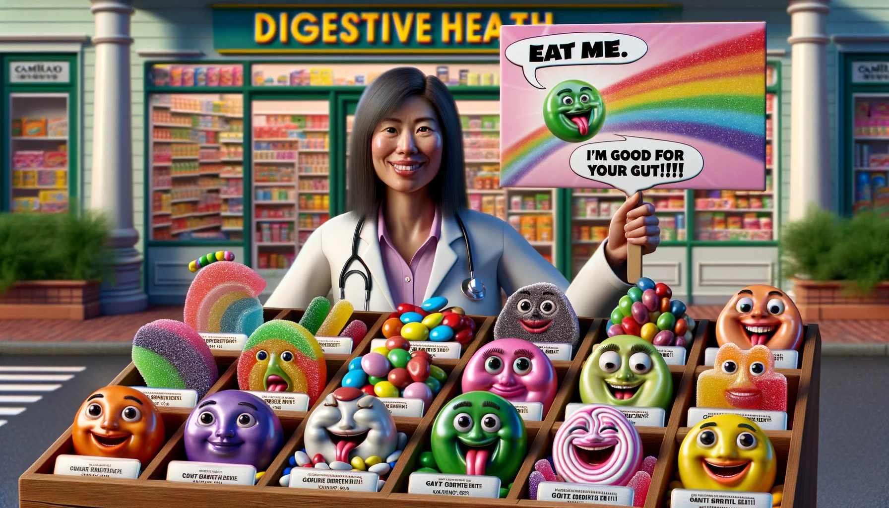 Imagine an amusing, ultra-realistic scene capturing the perfect selection of digestive health-friendly candies. There's a variety of candies, vividly colored and shaped differently, all claiming their benefits. Each candy has a cheerful facial expression with a little speech bubble, each one proclaiming, 'Eat me, I'm good for your gut!' On the side, a friendly pharmacist is proudly presenting the selection, an Asian woman with a warm smile. A rainbow bursts from behind the candy display, symbolizing a promise of good health. It's a perfect blend of humor, health, and sweetness.