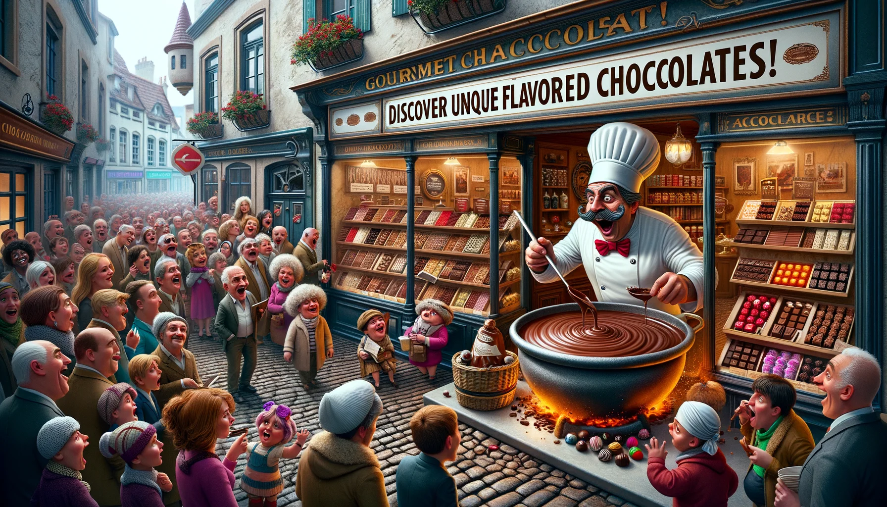 Imagine a humorously exaggerated gourmet chocolate shop nestled on a quaint cobblestone street. Inside, throngs of intrigued customers of all ages, genders, and descents are captivated by the delectable array of unique flavored chocolates, presented gracefully in lavish displays. In the background, a flamboyant chocolatier with a signature curled mustache, wearing a pearly white chef uniform, is busily stirring a big molten vat of chocolate with a dash of the mysterious ingredient that is making these chocolates so uniquely delightful. The atmosphere is bustling yet inviting, filled with whimsical charm, and an inviting sign in bold lettering reads 'Discover Unique Flavored Chocolates!'.