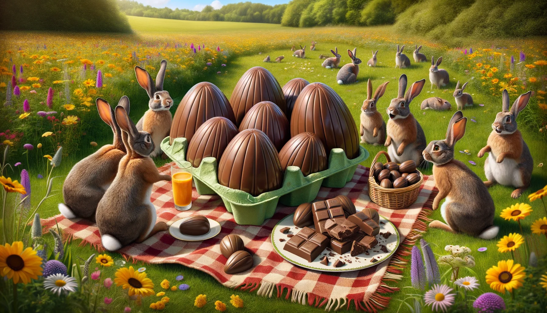 Imagine a humorous and highly detailed scene showcasing 'Easter Egg Shaped Vegan Chocolates'. These chocolates sit beautifully on a carefully arranged picnic blanket, set up in a sunny meadow abundant with wildflowers. Around the blanket, several rabbits excitedly gather, apparently confused about these strange 'eggs'. One of the rabbits is depicted attempting to communicate with the chocolates, assuming them to be fellow rabbits due to their egg shapes. The irony of the situation brings about a light-hearted and funny vibe. The chocolates themselves display a rich, deep brown color, and their egg-like forms are realistically rendered to enhance the amusing confusion.