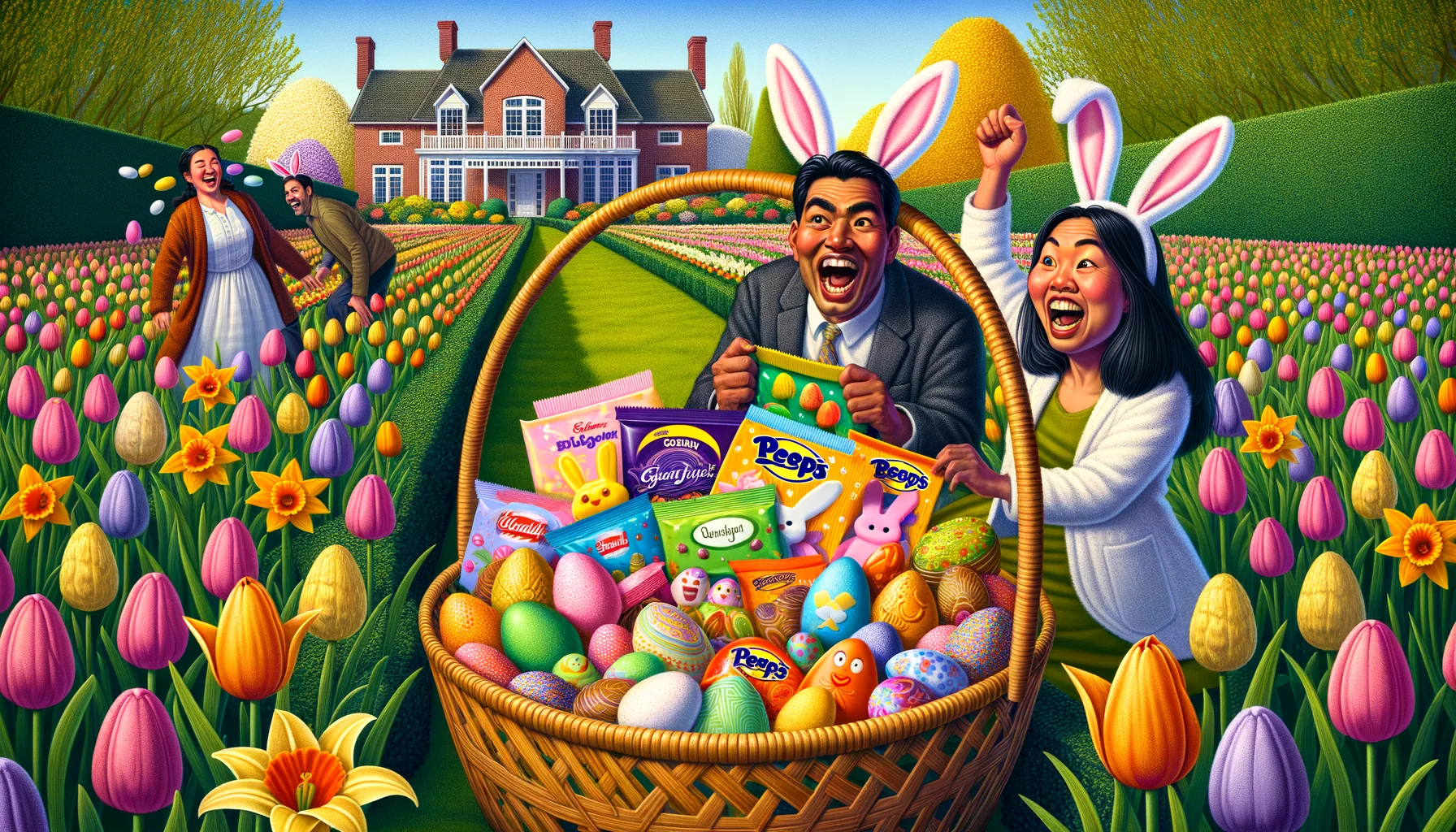 Create a comically realistic scene featuring a blend of Eastern and Western cultures celebrating Easter. In the middle of a vibrant spring garden littered with blooming tulips and daffodils, a large bamboo basket sits teeming with traditional Easter sweets. Make sure that the sweets range from typical Western options like chocolate bunnies and colorful marshmallow peeps to Eastern sweets such as gulab jamun and matcha-flavored mochi, showing a fusion of cultures. Add hilarious characterisations of a South Asian woman and a Hispanic man wearing bunny ears, engaged in a playful egg hunt with excessive enthusiasm, their pockets already bulging with found eggs.