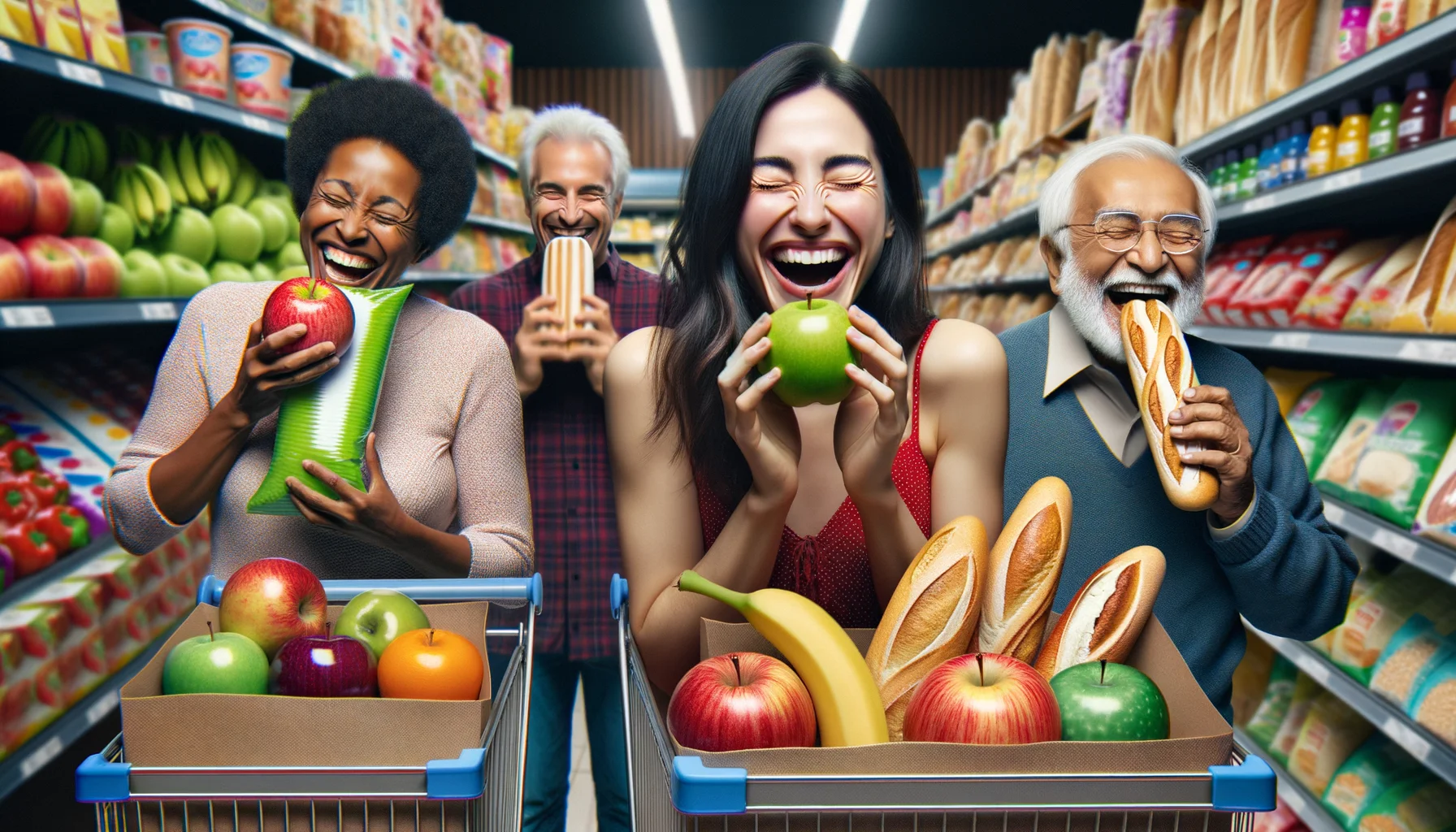 Imagine an amusing and hyper-realistic scene to reflect eco-friendly, edible packaging solutions in an ideal situation. Picture a grocery store aisle where customers are laughing and amazed as they discover and taste the packaging of their purchases. In the forefront, visualize a Hispanic woman pause while unpacking her groceries, delightfully biting into a brightly colored apple packaging. To her left, an elderly South Asian man cheerfully nibbling on the wrapper of his freshly bought baguette. Each package, whether it's fruits, cereals or dairy, unfolds an innovative, sustainable and comically unprecedented culinary experience.