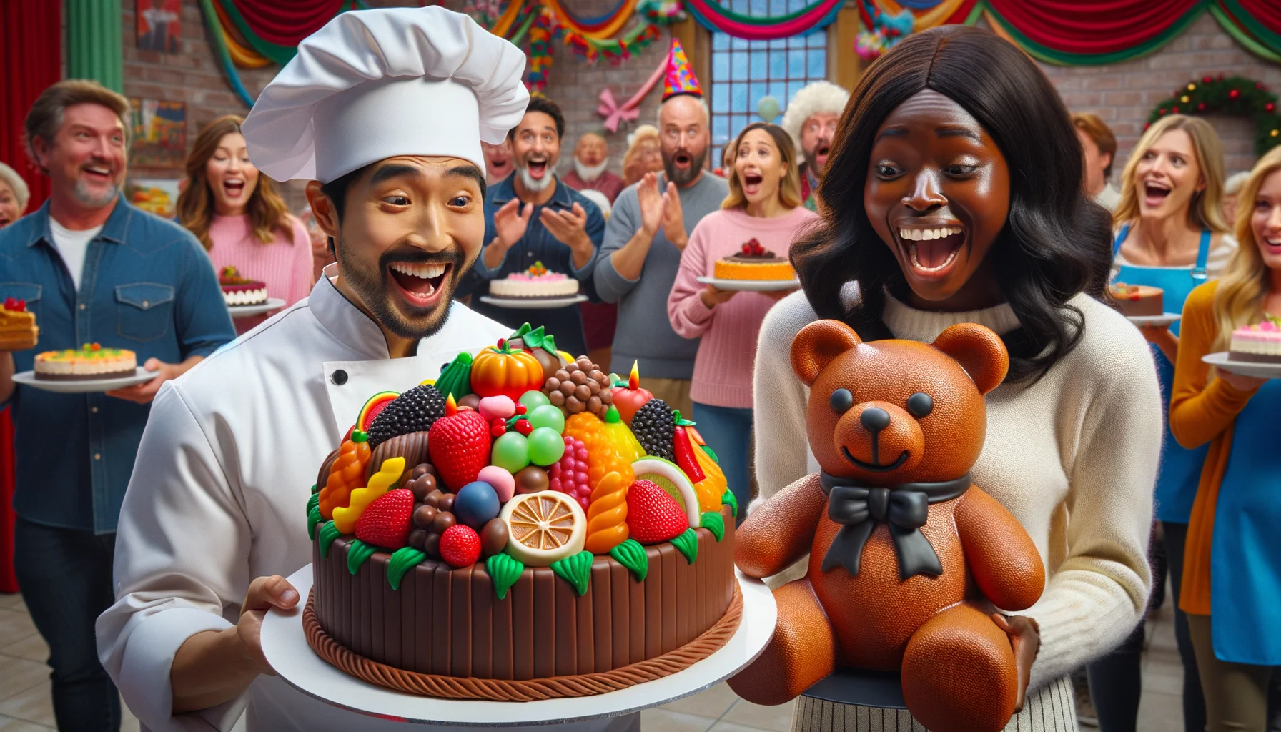 Imagine a humorous, lifelike scene revolving around the theme of edible gifts: A South Asian man in a chef's outfit, holding a beautifully decorated chocolate cake shaped like a giant fruit basket. Next to him, a black woman is laughing with surprise and delight, holding a life-sized and shockingly realistic gummy bear. They are in a colorful, festive room full of people, all reacting to these creative and tasty presents with various expressions of awe, amusement, and appetite.