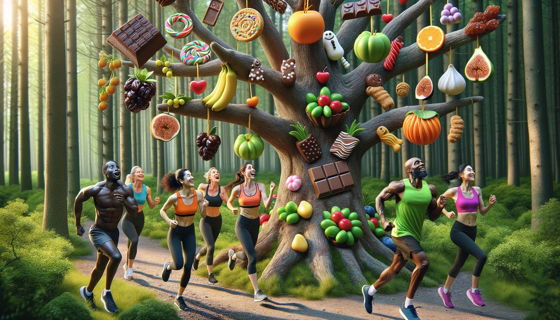 Create a humorous and realistic scenario showcasing 'Energy-Boosting Natural Sweets'. Imagine a forest setting early in the morning. A group of joggers of different genders and descents, such as a black woman, a Middle-Eastern man, and a South Asian woman, pass by a mysteriously alluring tree. This tree has branches laden with glistening fruits in the form of different natural sweets - figs shaped like cookies, dates resembling chocolate bars, and blueberries clusters formed like gummy bears. The joggers, wearing vibrant fitness outfits, express their surprise and delight as they reach out to grab the sweet treats, with their faces filled with tiredness turning into playful enthusiasm.