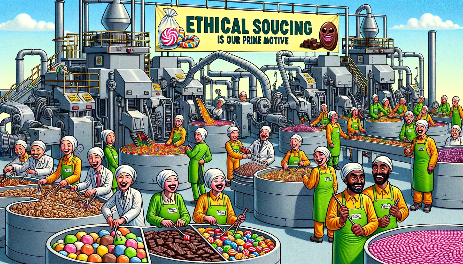 Imagine a comical yet realistic scene that perfectly embodies 'Ethical Sourcing in Candy Production'. The image should comprise a candy factory with machinery demonstrating the production process. The workers should represent diverse descents like Middle-Eastern, South Asian, and Caucasian. Make half of them female, and half male. They are all wearing bright-colored protective clothes, laughing and in high spirits. The candies are variously shaped, brightly colored, and appear mouth-wateringly delicious. Displaying their ingredients — sugar canes, cocoa beans, nuts — which all bear a label saying 'ethically sourced'. A large banner across the factory reads 'Ethical Sourcing is our Prime Motive'.