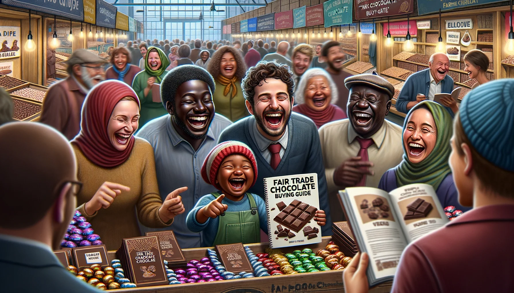 Create a humorous and realistic image showcasing 'Fair Trade Chocolate Buying Guide'. In this perfect scenario, let's have a bustling chocolate market scene. In the foreground, show a multi-ethnic group of customers - a Black woman, a Hispanic man, and a Middle-Eastern child - blurred slightly with laughter etched on their faces. Each of them is holding a copy of the 'Fair Trade Chocolate Buying Guide'. Perhaps, the child is excitedly pointing at a picture within the guide, making the adults laugh. In the background, have various stands selling chocolates. Each stand has banners promoting fair trade chocolate practices and friendly, cheerful vendors of diverse genders and descents making a lively and engaging scene.