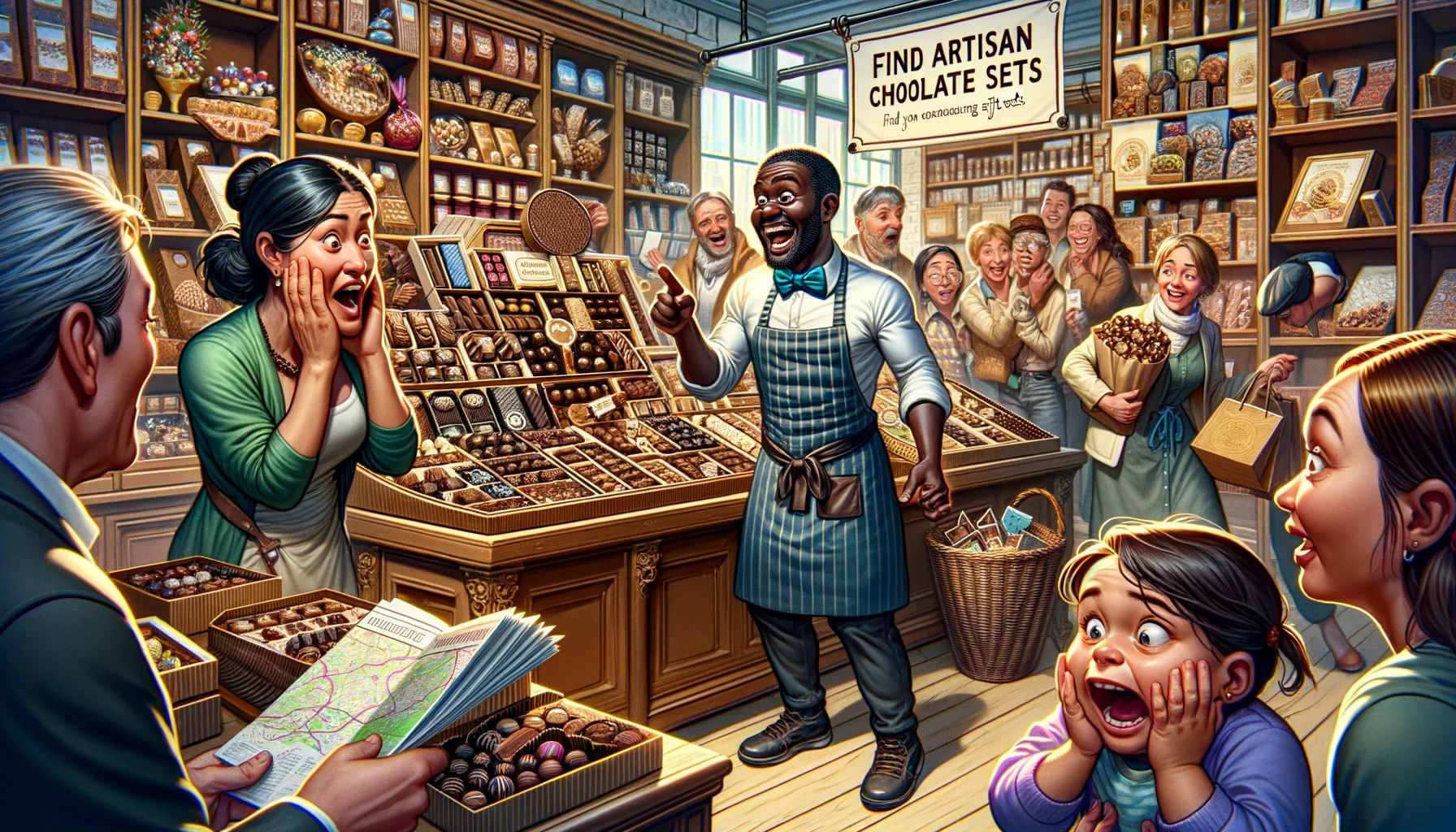 Imagine a comic scene in a bustling local market. A bewildered customer, a black man with a perplexed expression, is standing in front of a traditional chocolatier shop, bannered with a sign reading 'Find Artisan Chocolate Gift Sets'. A female chocolatier, of Asian descent, is standing behind the counter, displaying various tantalizing chocolate gift sets. She is chuckling and pointing towards a particularly extravagant set on the top shelf. The shelves behind her are filled with a dazzling assortment of hand-crafted chocolates, with ribbons and exquisite packaging. In the foreground, a white child with wide eyes and a dropped jaw can be seen peering at the chocolates, clutching her mother's hand, a Hispanic woman who is trying to manage a map and a shopping list simultaneously.