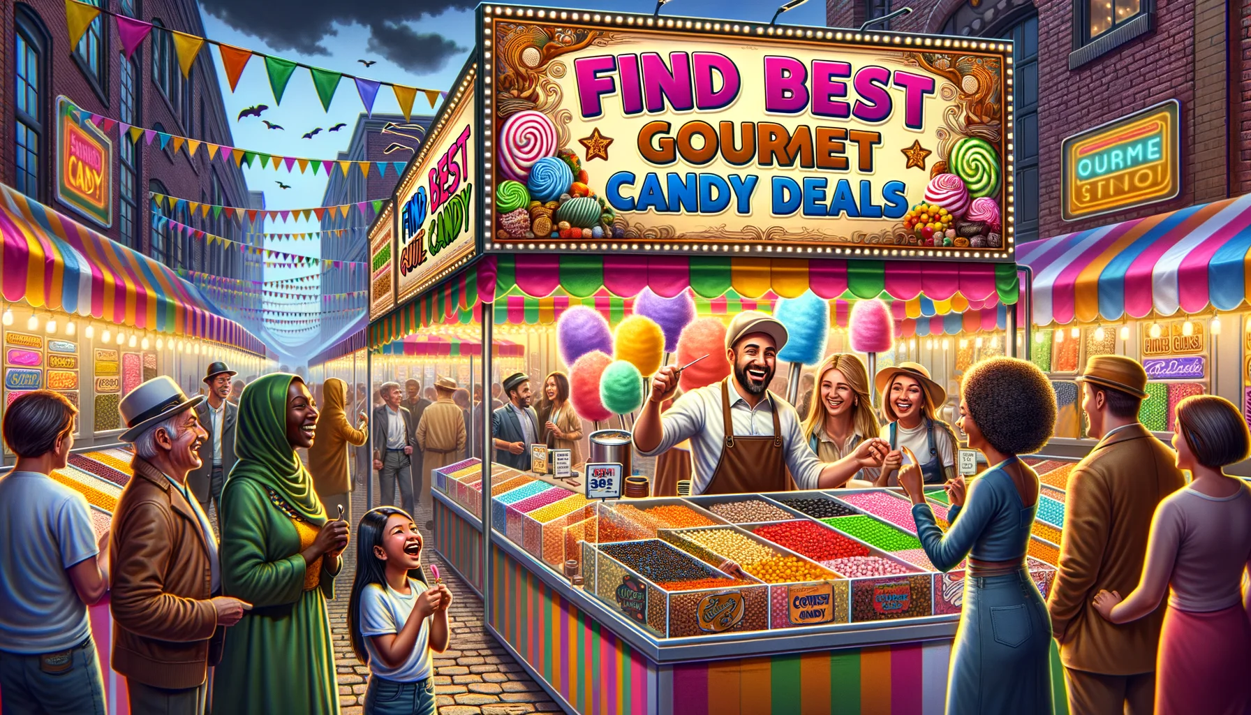 Imagine a bustling candy fair with a festive vibe. Center stage is a gigantic, brightly colored banner that reads 'Find Best Gourmet Candy Deals'. The stalls are run by cheerful vendors of different descents, from Middle-Eastern to Hispanic, each showcasing colorful and mouth-watering gourmet candies. Below the banner, a broad, smiling Caucasian male vendor shows a customer the candy under a glass display, both laughing at some shared joke. In the foreground, a young black girl is ecstatically pointing at a cotton candy stall, run by a South Asian woman. Defining feature of this scenario is its joyful, light-hearted and realistic impression.