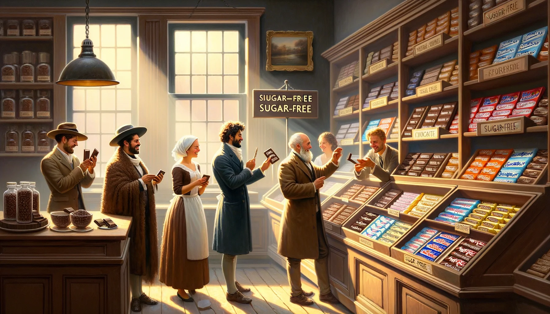 Create a witty and poignant scene that encapsulates the essence of locating the finest sugar-free chocolate bars. Envision a cozy Chocolate Shop, with shelf upon shelf of various chocolates of different shapes and sizes. Focus on one specific shelf labeled 'Sugar-Free', which is highlighted by a beam of sunlight pouring in through a nearby window. On the counter, are four customers, two men, one of South Asian and another of Middle Eastern descent, and two women, one Caucasian and another Hispanic. Each holds a different bar, examining the packaging with satisfaction. Their facial expressions are of pleasant surprise, and they talk animatedly about their sweet discovery. Original artwork, classic Dutch Baroque style. Medium: oil on canvas.