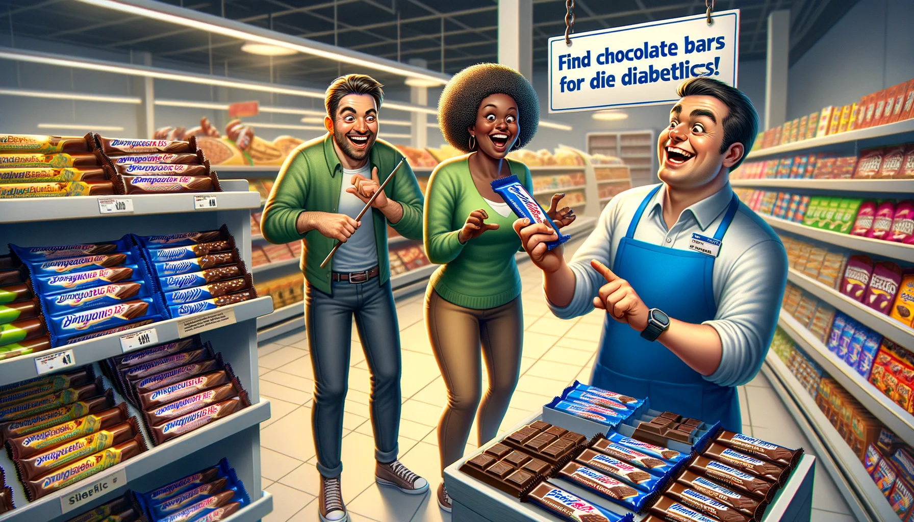 Imagine a humorous yet realistic scenario featuring three individuals in a brightly lit grocery store aisle marked as 'Healthy Treats'. A Caucasian male store manager is animatedly pointing and smiling at a stack of sugar-free chocolate bars. An African woman, standing next to a Hispanic man, is holding up a bar in excitement, while the man is checking the nutritional label with a magnifying glass, showing a surprised expression. A signboard hanging from the ceiling says 'Find Chocolate Bars for Diabetics!'. The scene depicts amusement, joy, and a sense of discovery.