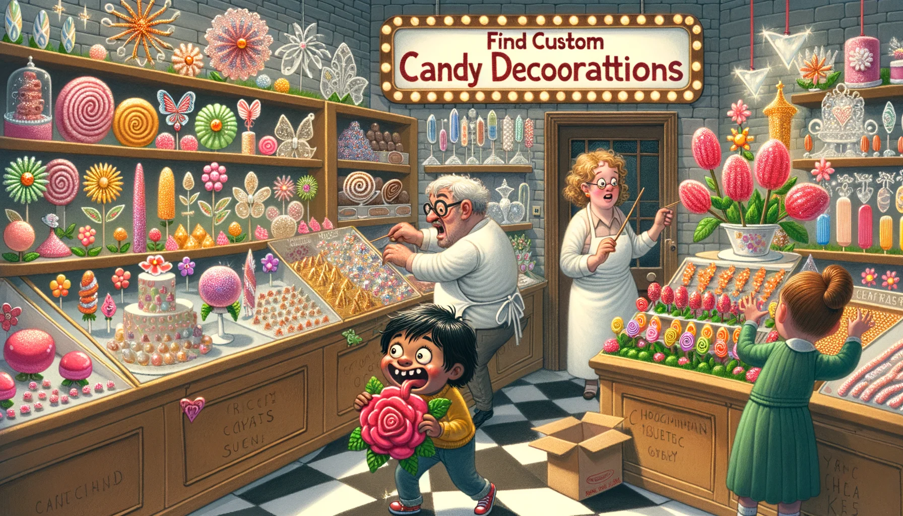 Imagine a playful scene in a bustling confectionery store. The shelves are filled to the brim with a myriad of custom candy decorations, each unique and radiant. From sugar-spun flowers to intricate candy figurines, marzipan eyecandy and chocolate sculptures, every tiny detail is meticulously crafted. A baffled Caucasian shopkeeper is trying to keep up with the demand, rushing around with stacks of boxes filled with candy assortments. Meanwhile, an amused South Asian kid with shimmering eyes is secretly trying to choose a sparkly candy butterfly, and a Hispanic woman is laughing openly at the scene while elegantly picking a carmine red sugar rose. The sign reading 'Find Custom Candy Decorations' hangs brightly above, contributing to the overall humorous and sweet atmosphere.