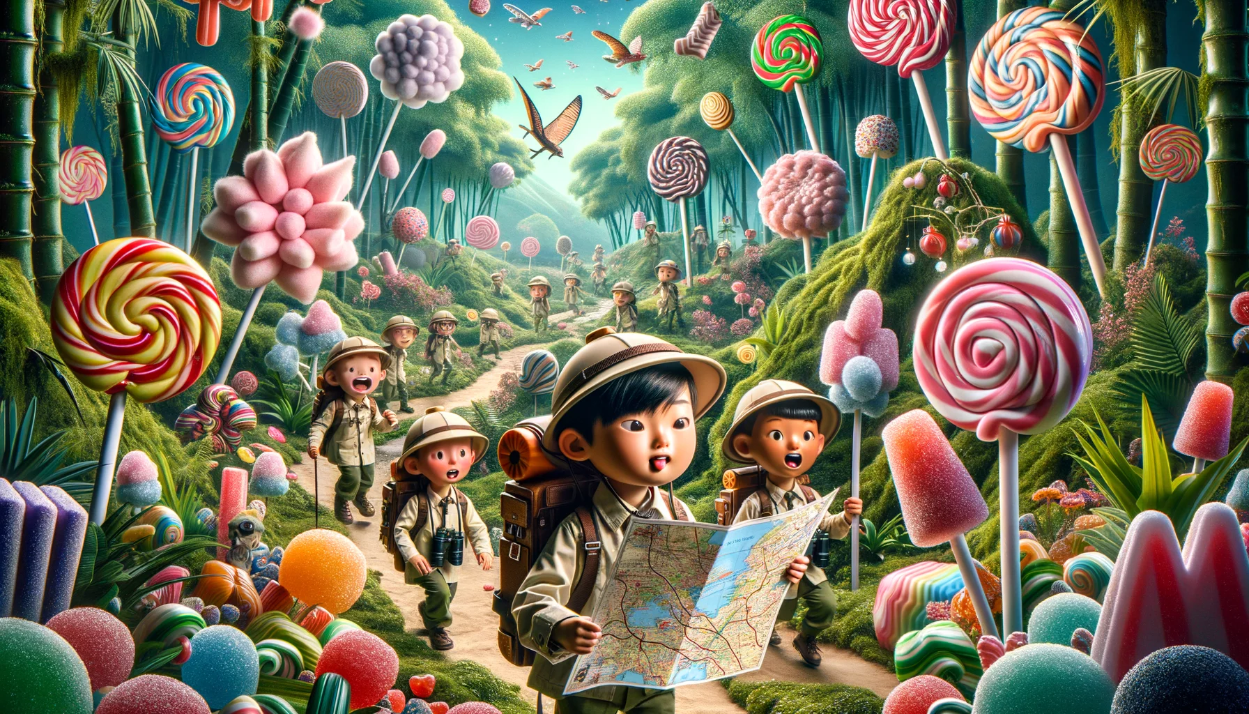 Generate a humorous image incorporating a wild, unusual candy hunt. Picture a multinational group of eager children dressed as explorers - complete with safari hats, binoculars and backpacks - in a lush, fantastical jungle filled with candy canes for bamboo shoots, lollipop flowers, and cotton candy clouds. A Asian boy at the front holds a map charting a route through this charmingly surreal candy landscape. Falling out of his overstuffed backpack are candies from around the globe; Turkish delight, Mexican dulces, Japanese wagashi, Russian zefir and many more. Visualize this scenario as realistic, yet with a light-hearted twist.