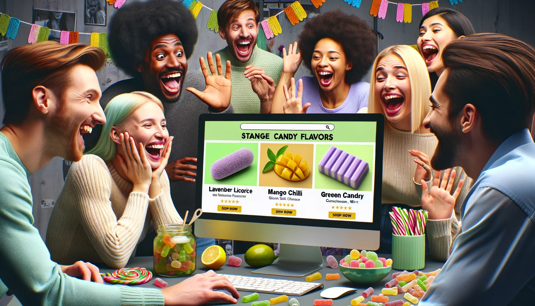 Create a humor-filled scene of an online shopping experience where unique candy flavors with lively colors are being showcased. A chartreuse computer screen dominates the foreground, displaying the images of candies with exotic flavors like lavender licorice, mango chilli, and green tea mints. The background is filled with joyful reactions of a group of friends viewing these unconventional options. Caucasian woman is seen laughing heartily at a 'wasabi gummy bear', while a Black man is intrigued at a 'pickle flavored lollipop'. A Middle-Eastern woman shows excitement for a 'honey-cinnamon hard candy'. Let this galore of strange, sweet treats tell a story of diversity, excitement and fun.