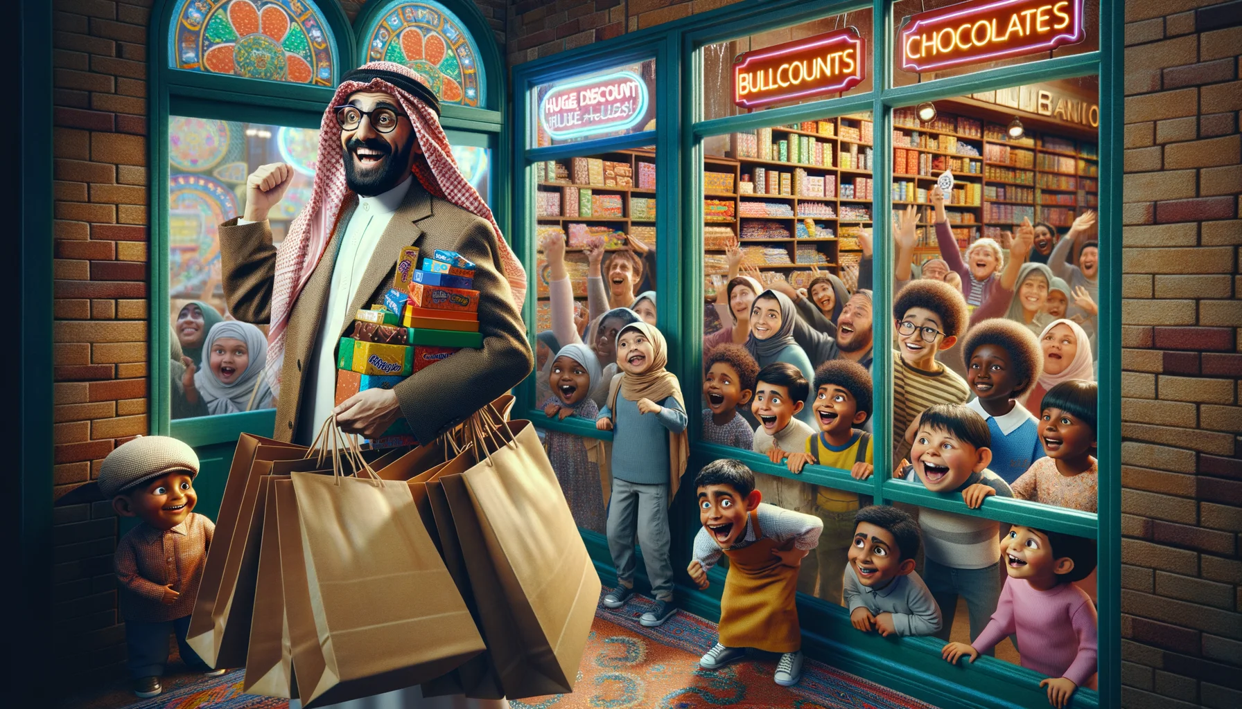Generate an image showcasing a humorous and realistic scene in a traditional candy store. The scene is filled with various customers of different descents and genders, all lined up holding oversized shopping bags, eagerly waiting for their turn. A Middle-Eastern male storekeeper with an amused and wide smile on his face as he tries to keep up with the demand. The windows of the store have bright neon signs like 