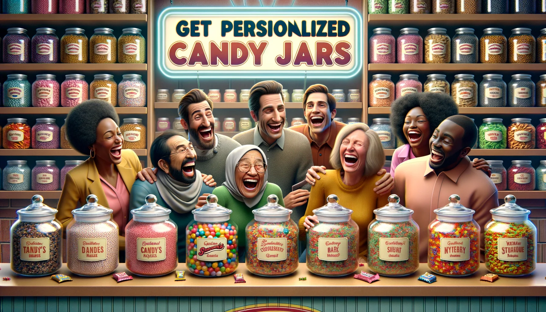 Imagine a humorous and lifelike scene in a candy store. There are shelves loaded with different types of colorful candies. Amidst it all, a central counter stands out with personalized candy jars arranged neatly. Each jar has a unique label displaying the name of the customer on a colorful sticker. A group of people, a Hispanic man, a Middle-Eastern woman, a Caucasian boy, and a Black woman are laughing out loud, excited about their jars filled with their favorite candies. The ambiance is energetic and festive. Enticing signage reads, 'Get Personalized Candy Jars' in bright, bold letters.