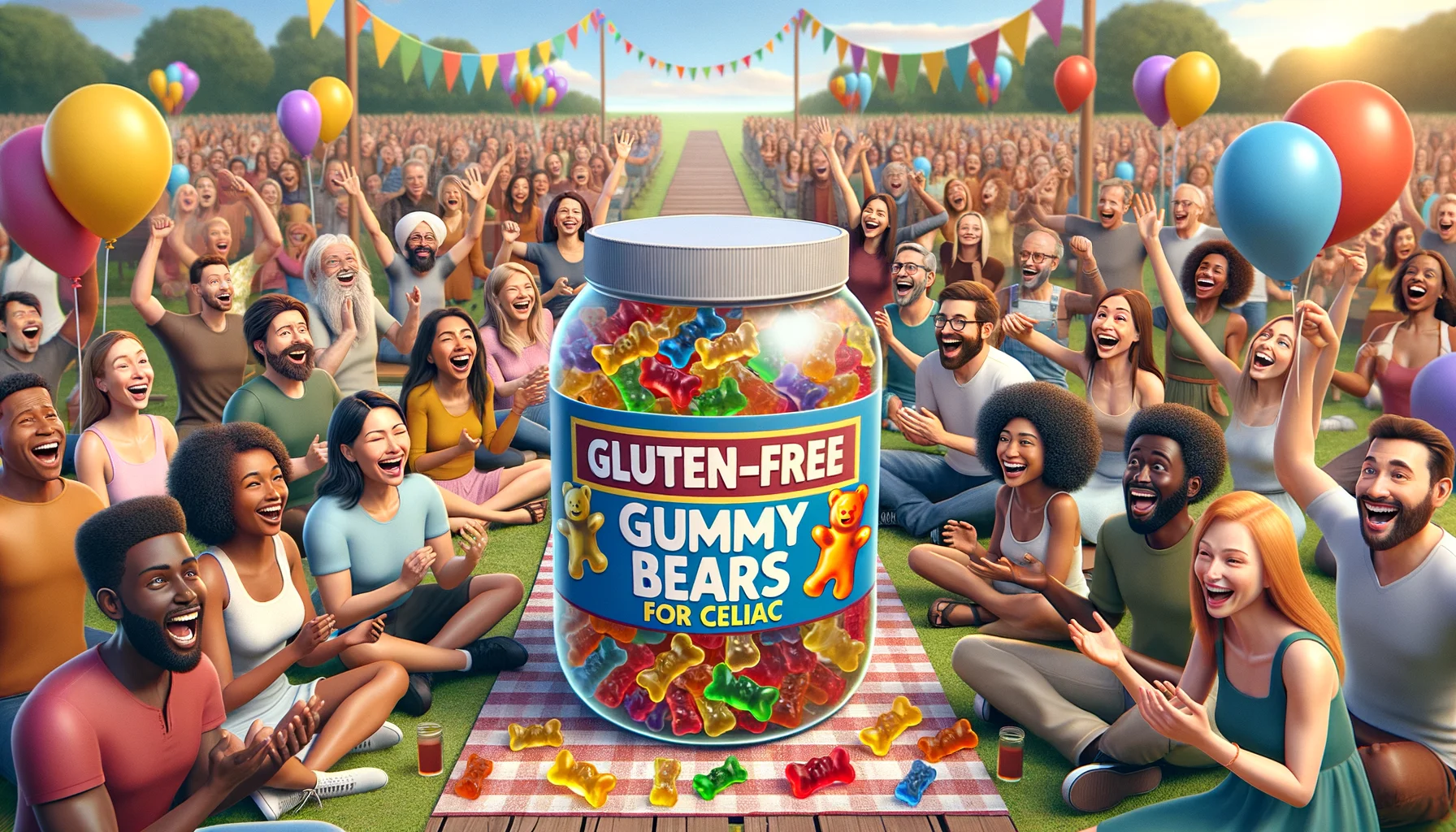 Imagine an amusing, realistic scene filled with joy and laughter. In the center of the view, capture a diverse group of happy people of different descents like Caucasian, Hispanic, Middle-Eastern, Black, and South Asian each successively opening a large, vibrantly colored jar labeled 'Gluten-Free Gummy Bears for Celiac'. Their faces should express delight and satisfaction, highlighting the perfectness of the product for those who are gluten intolerant. The setting should be a lively outdoor picnic with multi-colored balloons and cheerful decorations, under a splendidly sunny blue sky.