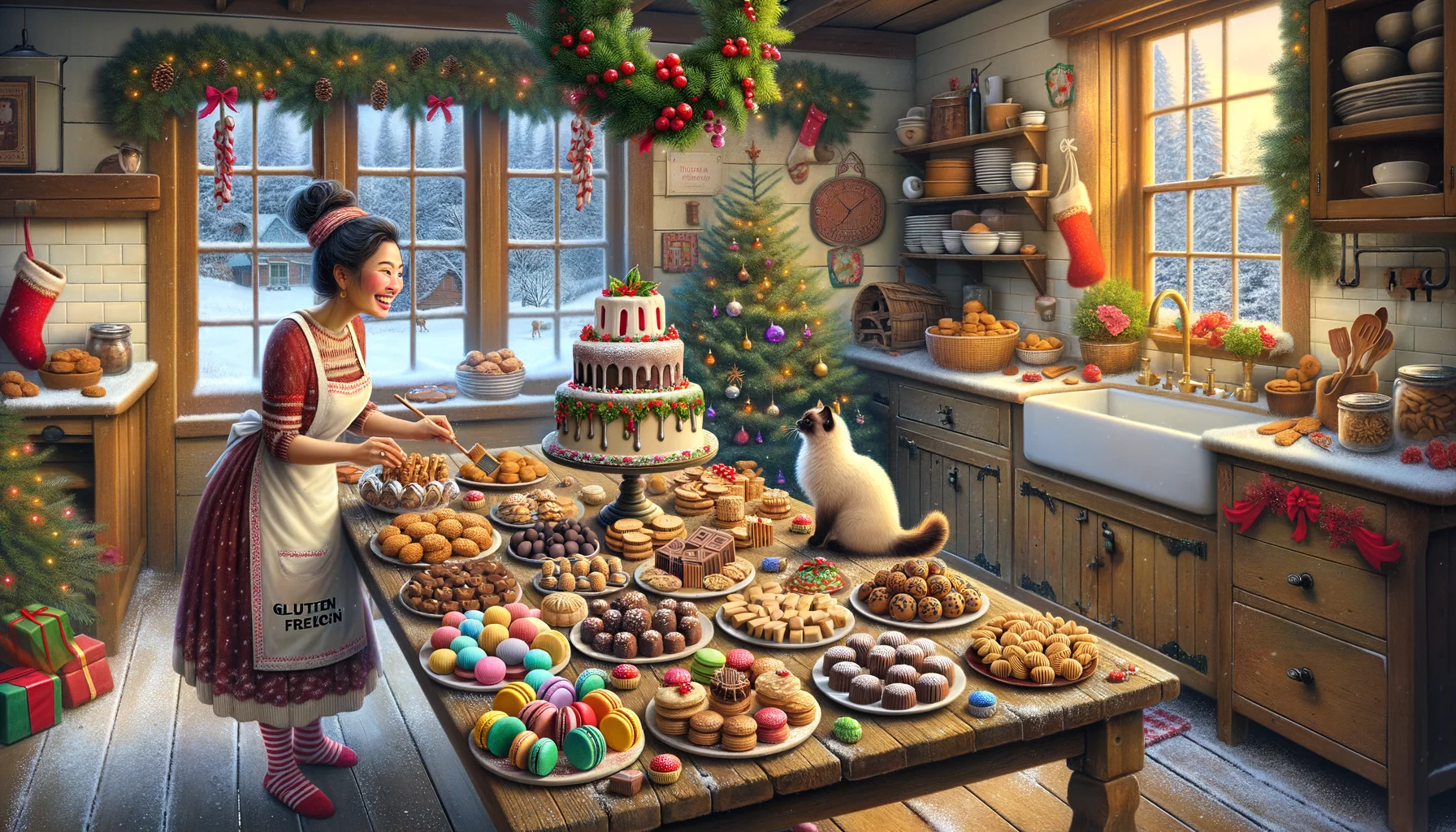 Create an amusing and realistic image showcasing a myriad of 'Gluten-Free Holiday Confections'. It's a snowy winter afternoon, and the kitchen of a rural farmhouse is warm and inviting. On a rustic wooden table sits an array of beautifully arranged holiday sweets, each labelled as 'gluten-free'. The confections include multicoloured macaroons, rich chocolate truffles, gingerbread cookies in the shapes of Christmas ornaments, and delicately frosted sugar cookies. A cheerful South Asian woman in a festive apron is seen adding the finishing touches to a Yule log cake. A Siamese cat is playfully swatting at a dangling mistletoe. The room's decorations hint at an impending merry celebration.
