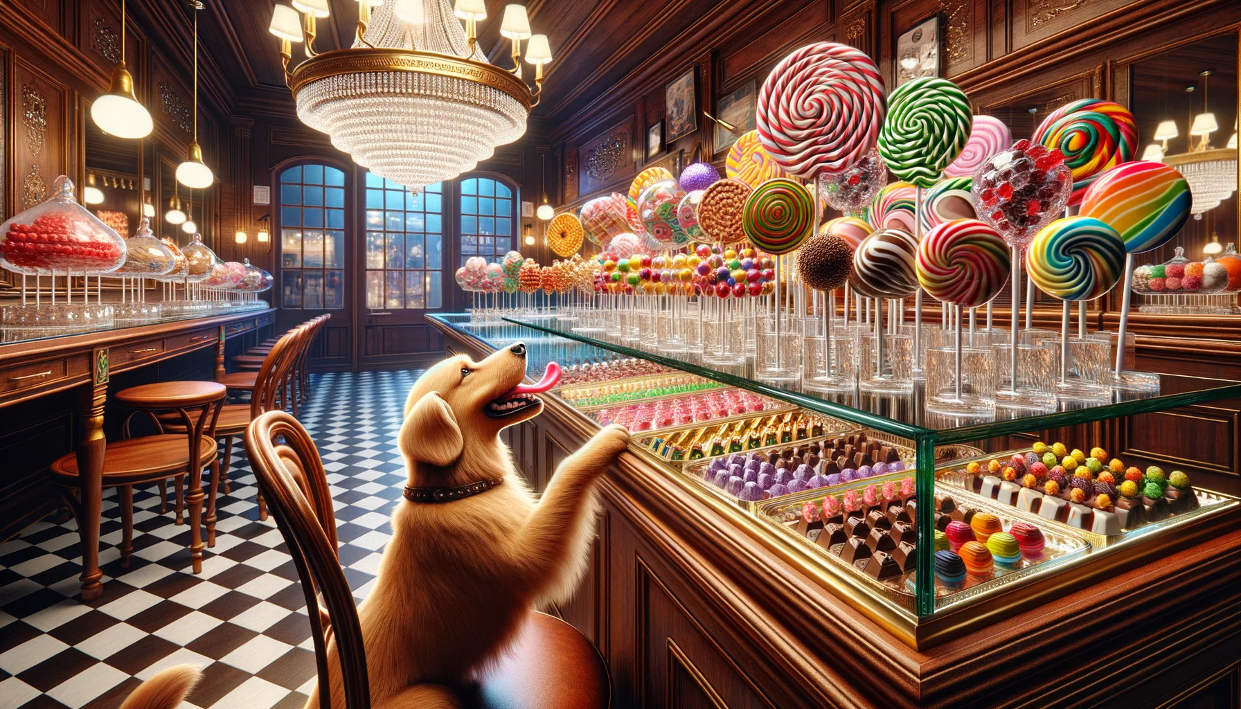 Create an amusing and lifelike image that depicts high-quality 'Gourmet Candy' in an ideal situation. The image scene ought to pan out in a luxurious candy shop displaying various types of gourmet candy artfully arranged on crystal display trays. There are candies of all sorts: sugary lollipops with stripe patterns, glossy bonbons in vibrant colours, intricate chocolates with elaborate designs and delicate candy floss spirals which seem to float in the air. A laughable element can be introduced by showing a golden retriever dog trying to reach for a lollipop on the counter, its tongue lolling out comically. Chairs and tables in the shop are beautifully crafted from mahogany wood providing a dignified contrast to the colorful candies. The light fixture is a sparkling chandelier casting reflective light on the array of candies creating a magical atmosphere. EDIT: Everything is richly detailed and hyper realistic, including the wood grain on the furniture, shine on the chandelier and the glossy finish on the candies.