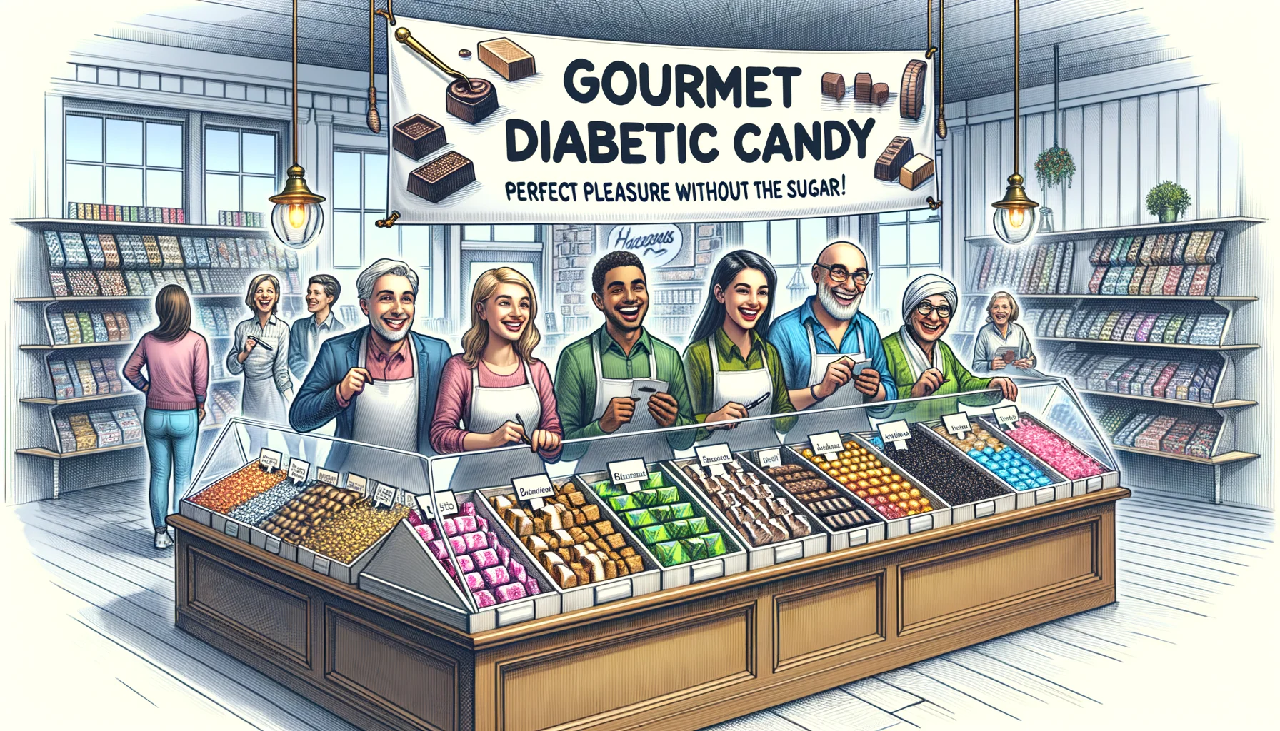 An amusing and realistic image that depicts a perfect scenario for 'Gourmet Diabetic Candy Gifts'. Imagine a fancy candy store with polished wooden shelves stocked with variety of sugar-free gourmet candies, wrapped in elegant and eco-friendly packaging. Joyful customers, diverse in terms of gender and descent - a Caucasian woman, a Middle-Eastern man, a Hispanic teenager and a South Asian senior citizen - are keenly shopping. Sketched on a cheeky banner overhead: 'Gourmet Diabetic Candy - Perfect Pleasure without the Sugar!'
