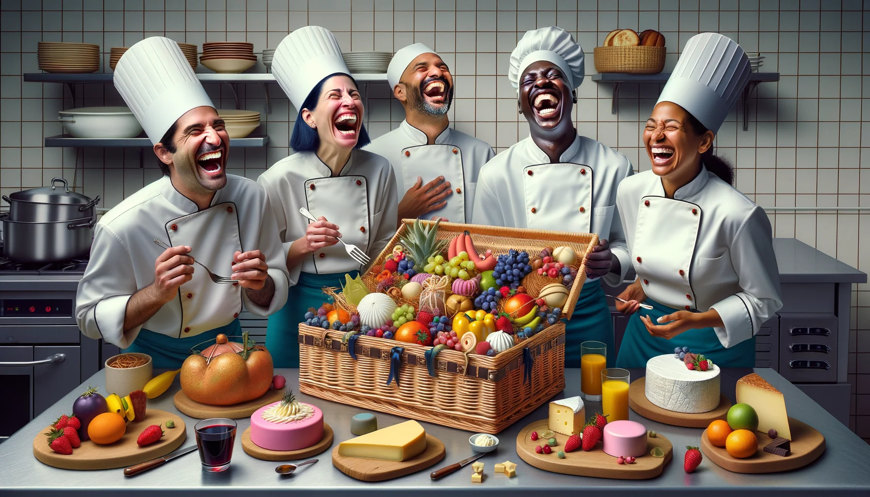 Create a colorful, humorous, and hyperrealistic image that depicts an unexpected scenario in a posh hotel kitchen. A team of diverse chefs, a Caucasian male pastry chef, a Black female sous chef, a South Asian male head chef, and a Hispanic female line cook, are cracking up with laughter as they prepare 'Gourmet Gift Baskets'. Each basket beautifully arranges a medley of rare fruits, artisanal cheeses, decadent chocolates, and sumptuous baked goods. Their laughter is so infectious that even the predominantly pastel colored kitchen utensils seem to be joining in the mirth.