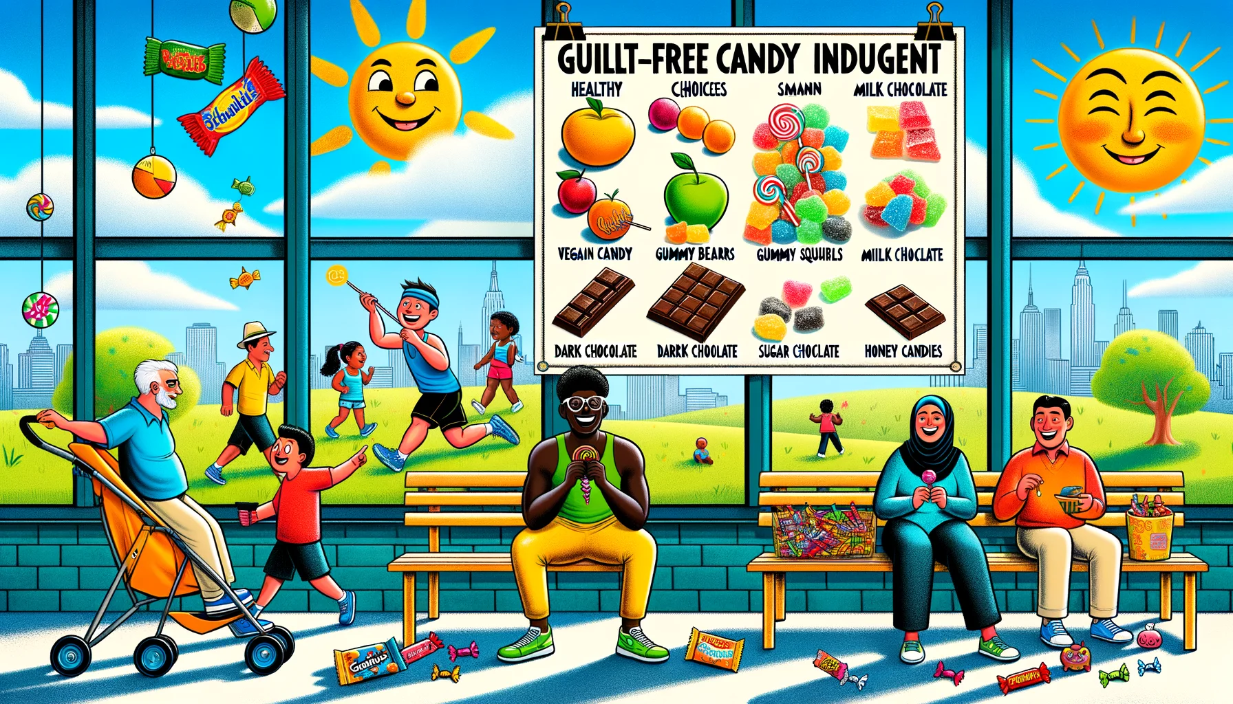 A lively and humorous image capturing the essence of 'Guilt-Free Candy Indulgence Tips'. Picture an airy, sun-filled room with a comic-style chart on the wall depicting 'healthy candy choices' versus 'calorie-loaded options', using caricatures of fruits and vegetables dressing up as candies. Outside the window, there's a Caucasian male, happily snacking on vegan gummy bears while jogging, and a Black female seated on a park bench enjoying dark chocolate squares instead of milk chocolate. Nearby, a Middle-Eastern child is picking honey candies over regular sugar-filled ones. The atmosphere should radiate merriment and light-heartedness, while conveying the message about smart candy choices.
