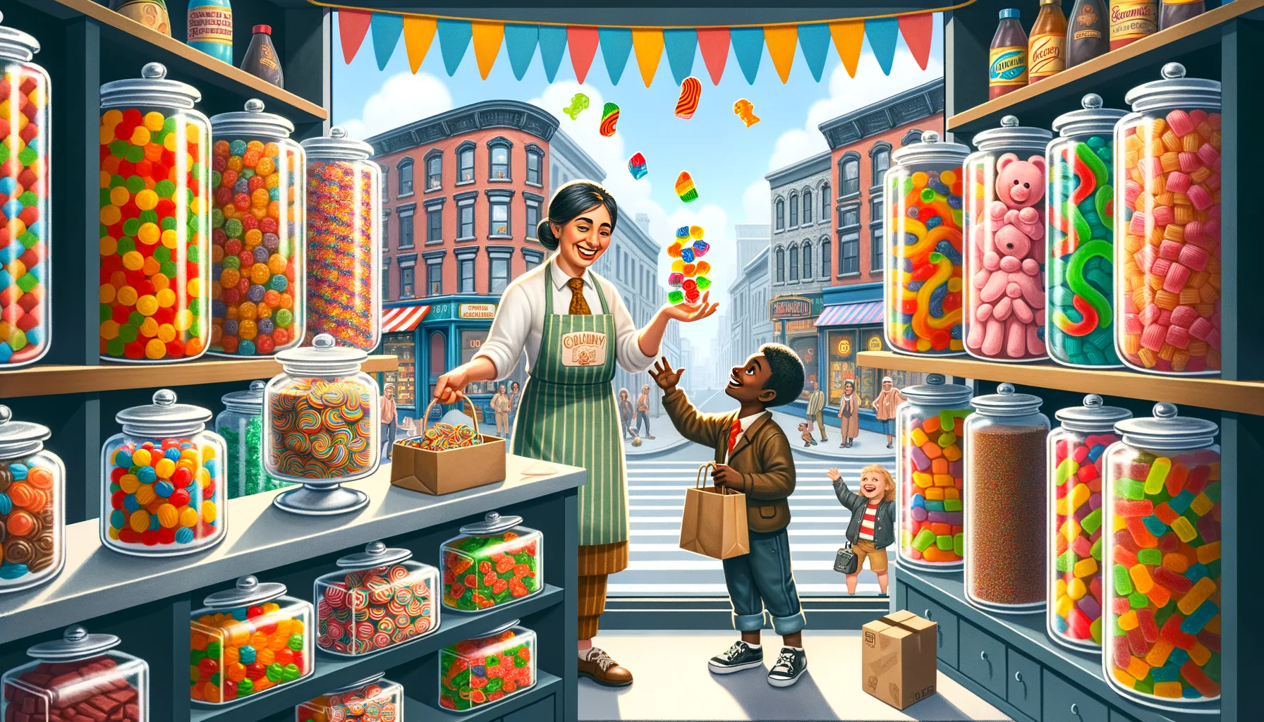 Imagine a hilariously perfect scenario for enjoying gummy candies. This image depicts a playful candy store in the heart of a vibrant city. The shop has towering glass jars of colorful gummy candies on the shelves, arranged in every conceivable shape from bears to dinosaurs. Behind the counter, a jovial South Asian female shopkeeper, wearing an apron and a big smile, is handing over a bag of jumbo mixed gummy candies to a delighted Black little boy. Outside, a street performer, a Caucasian male, is juggling gummy candies to the delight of a small crowd.
