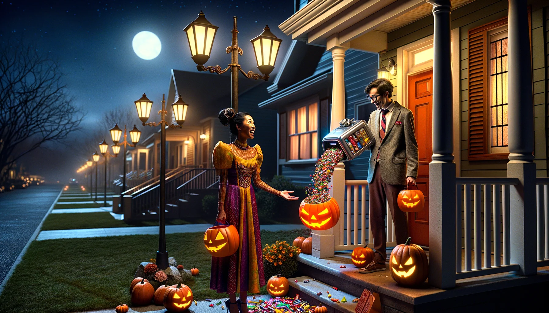 A humorous and realistic scene unfolds on a crisp Halloween night. Street lamps beautifully illuminate a neighborhood with houses decorated in festive Halloween regalia. On one porch, a tall woman of South Asian descent and a short man of Hispanic descent, both in creative costumes, eagerly hold out their 'trick or treat' bags. To their delight, a pair of robotic hands pops out of a jack-o-lantern to dispense an array of the most desired candies. Colorful sweets rain down into their bags, causing the duo to look at each other and laugh in utter amazement.