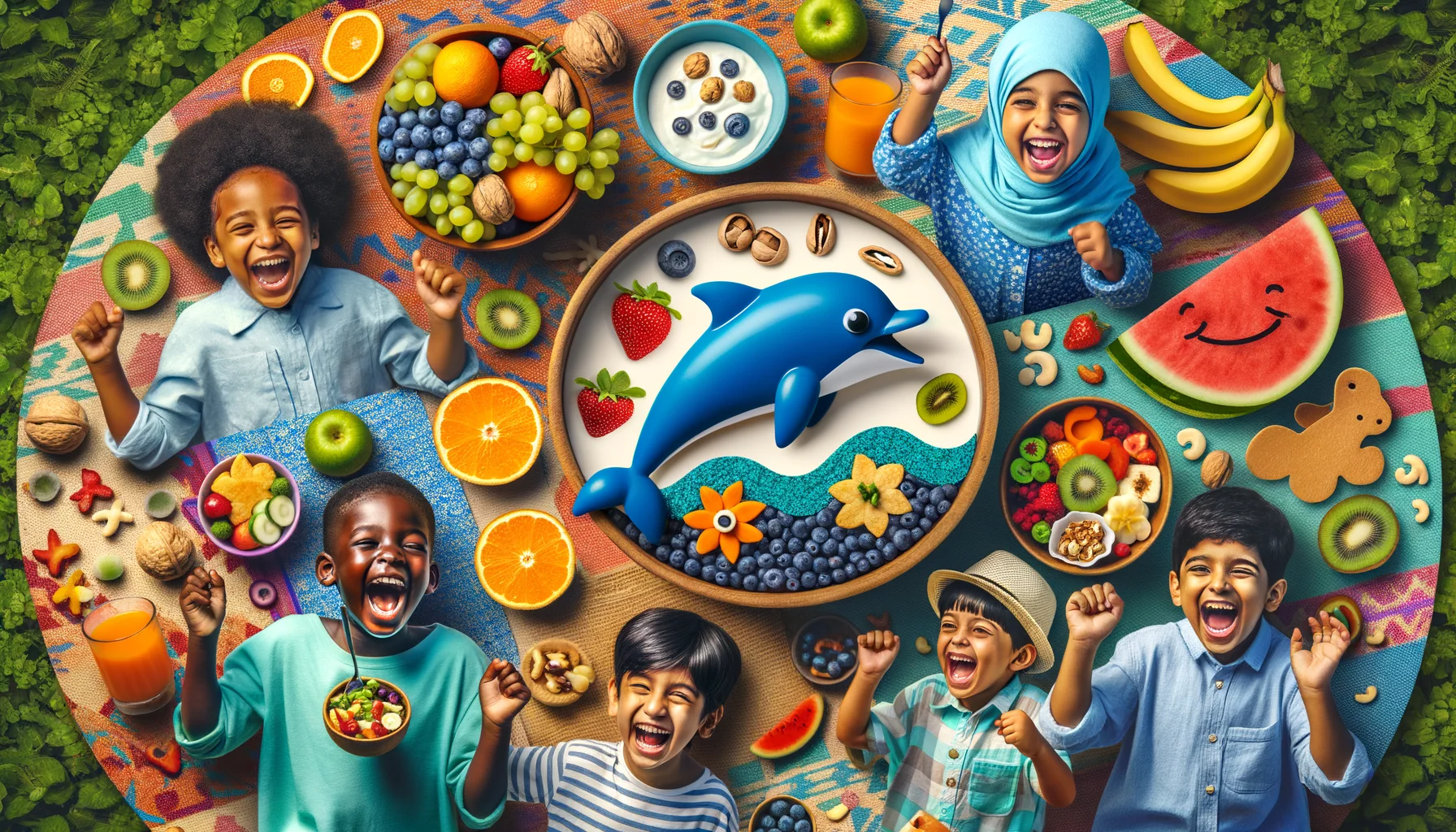 Create a vivid and humorous scene that showcases 'Healthy Snack Alternatives for Kids' in a perfect scenario. The image could feature a group of children of diverse descents such as Hispanic, Caucasian, Middle-Eastern, and South Asian enjoying a fun picnic outdoors. The children are laughing and having a great time while exploring an array of colorful and tantalizing healthy snacks. These snacks could include a variety of fruits, vegetables, nuts, and yogurt. To add a playful twist, some of the snacks could also take playful shapes, like a banana dolphin jumping out of a bowl of blueberry 'ocean', or a watermelon slice turned into a funny face with fruits and veggies.