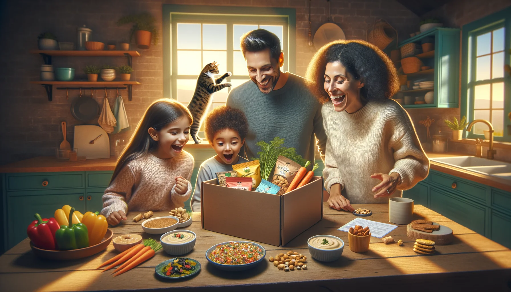 Imagine a brilliantly colored and vivid scene of a family in their cozy, light-filled kitchen. The mom, who is of Hispanic descent, and dad, who is of Caucasian descent, are excitedly unboxing a new 'Healthy Snack Box Subscription', their eyes lit with anticipation. Their two kids, a Middle-Eastern descent girl and a Black descent boy are eager to uncover the contents. The box reveals an array of vibrant, healthy snacks such as miniature carrots, hummus dip, toasted seaweed, whole grain crackers, and a mix of nuts. The cat has gotten into the scene, comically batting a loose mini-carrot off the table. The scene radiates warmth, bonding, and is infused with a good dose of humor.