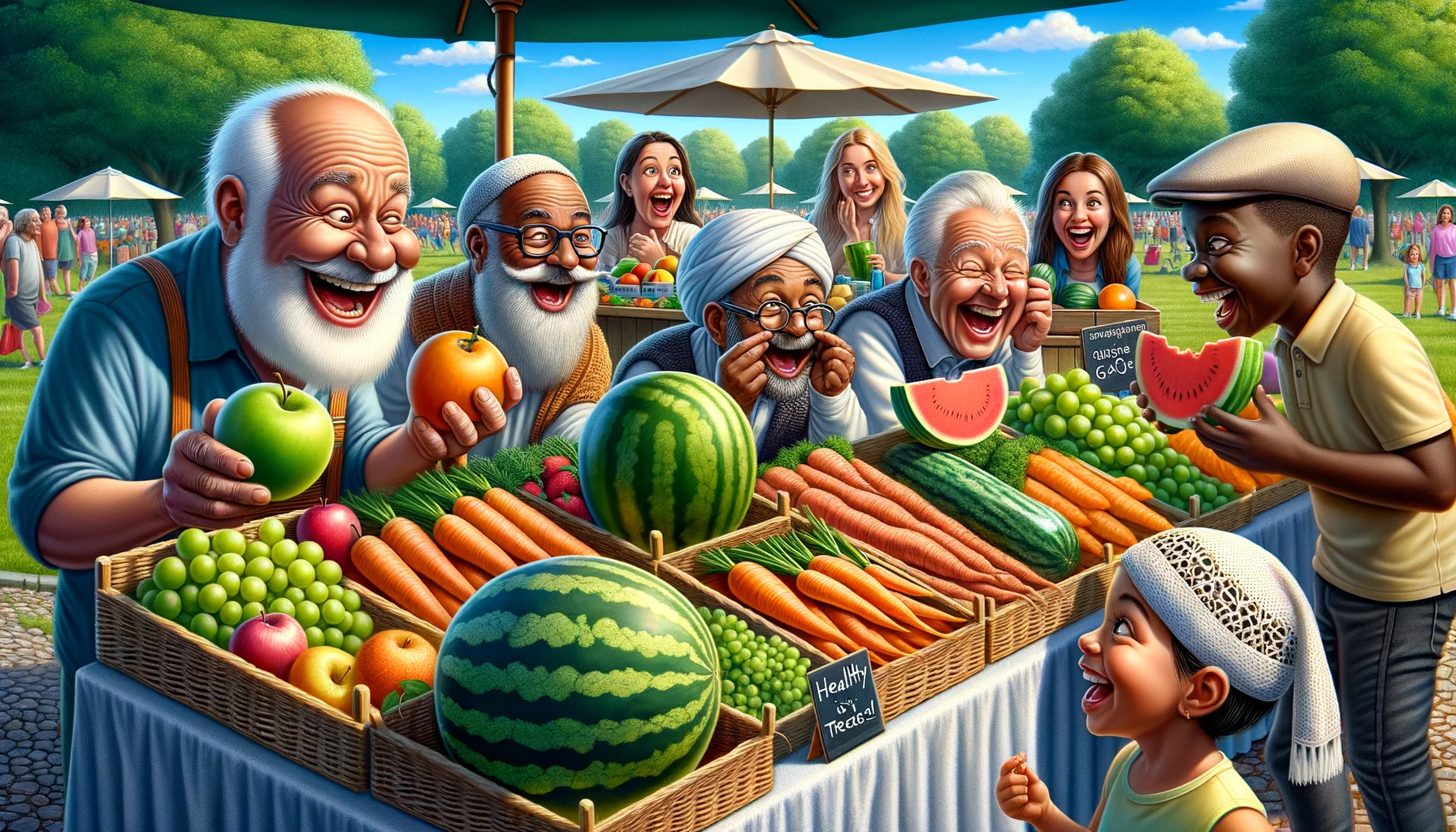 Create a humorously realistic scene embodying the concept of 'Healthy Treats' at its best. Picture a vibrant and inviting farmer's market set up in a picturesque park on a sunny day. In the foreground, there's a stand labelled 'Healthy Treats' displaying a colourful array of fresh fruits and vegetables, all artfully arranged. Meanwhile, an elderly man with jolly expressions is humorously eyeing a watermelon as though it's a gourmet delight, while a young Caucasian girl is happily chomping on a large, crunchy carrot. At the same table, a Black woman with a friendly smile is serving a Middle-Eastern boy an apple, while a Hispanic vendor nearby is arranging a fresh bunch of grapes. The entire scene radiates good humor and the joy of healthy eating.